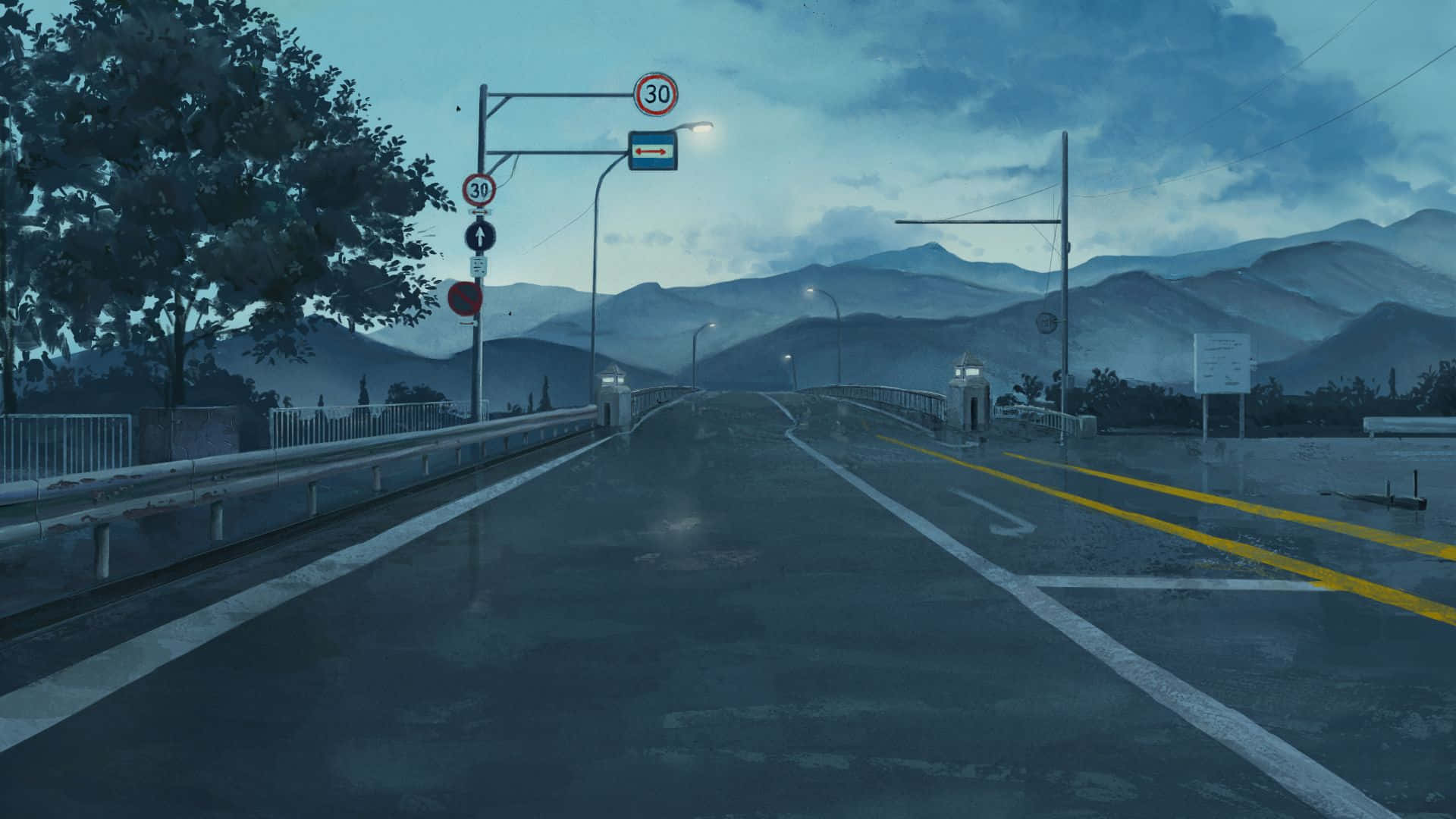 Only Yesterday 桌布 壁紙 — 一條濕漉漉的柏油路在憂鬱的暮色天空下延伸向遠山，街燈閃爍著光芒。