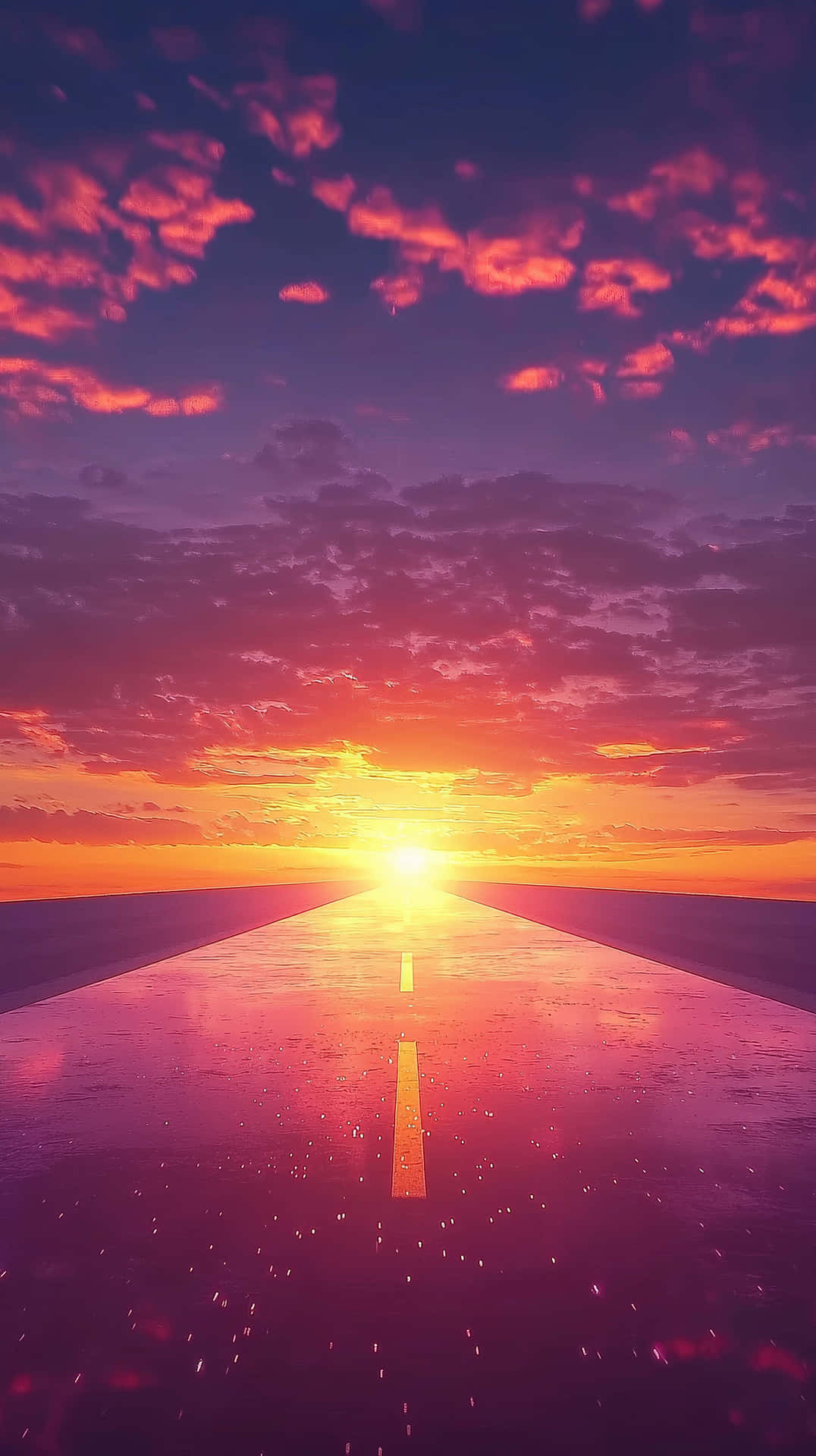A long empty highway stretches into the glowing sunset, its wet surface reflecting warm hues 壁紙 — 一條濕漉漉的瀝青路延伸向一個發光的日落，熾熱的橙色太陽融入上方的紫色雲層中。