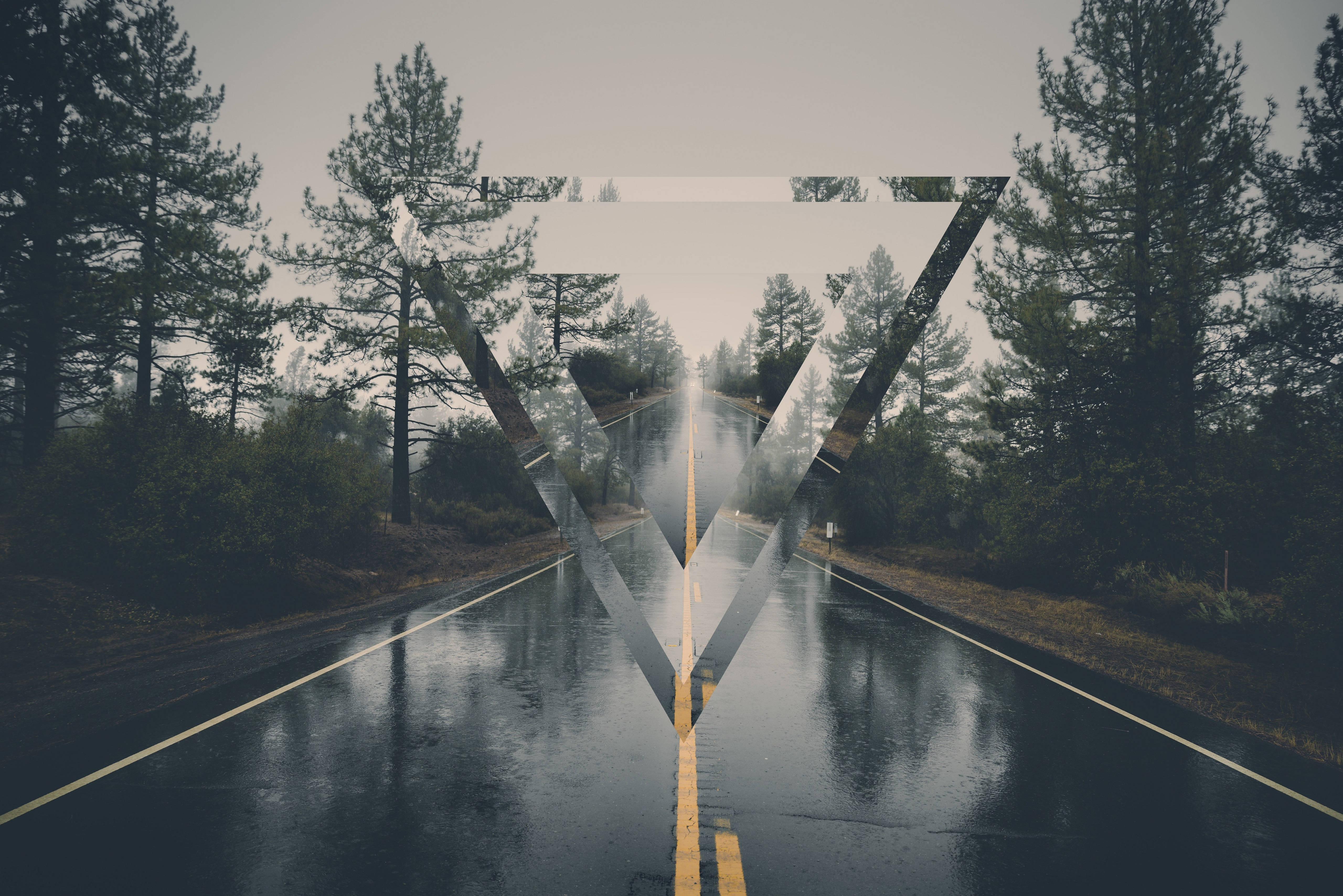 Polyscape 桌布 壁紙 — 一條濕漉漉的道路穿過迷霧森林，中央覆蓋著一個大型倒三角形圖形。