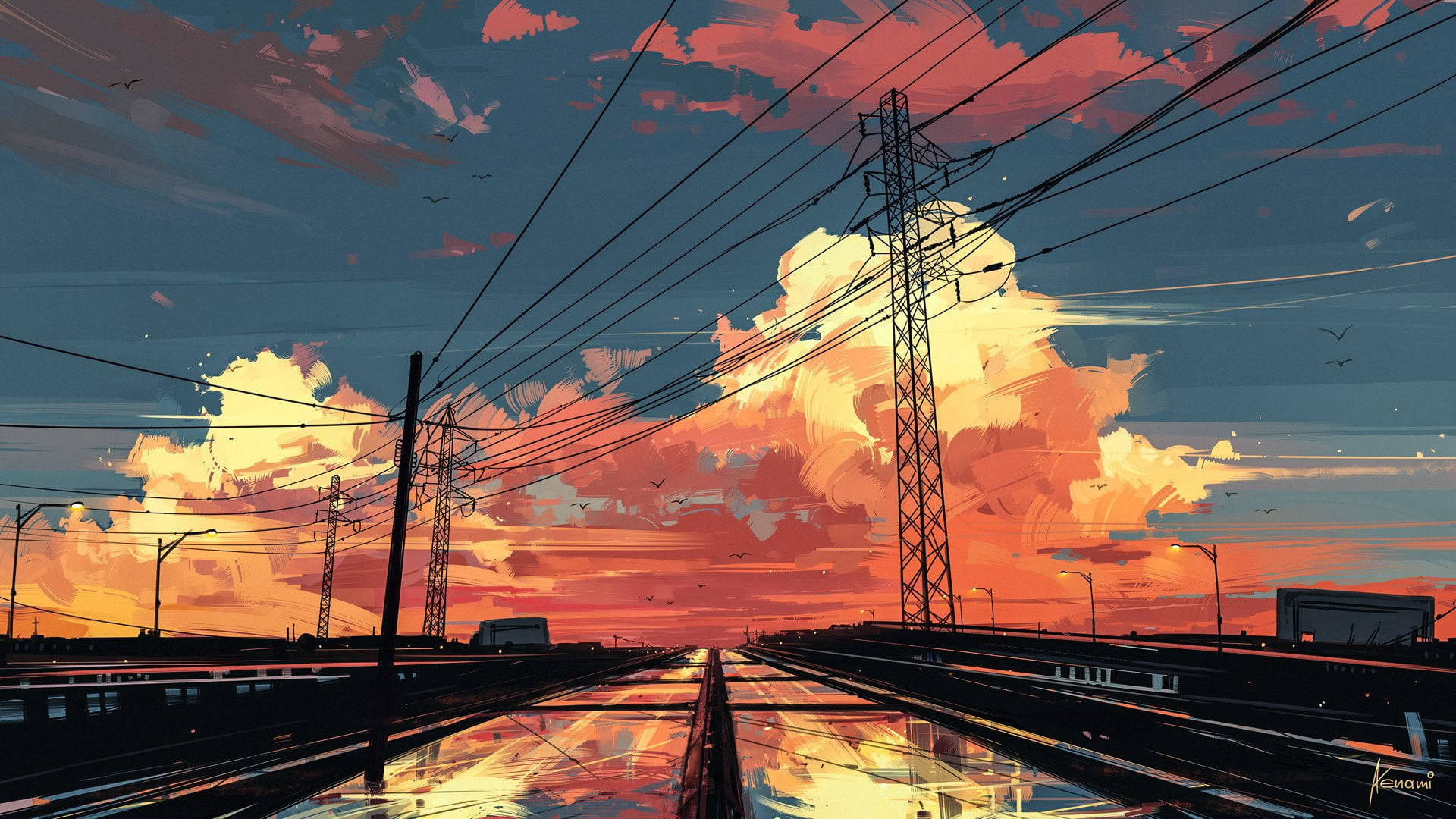 vector 桌布 壁紙 — 一條濕漉漉的高速公路伸向一個由電線和戲劇性雲層框住的火紅日落天空。