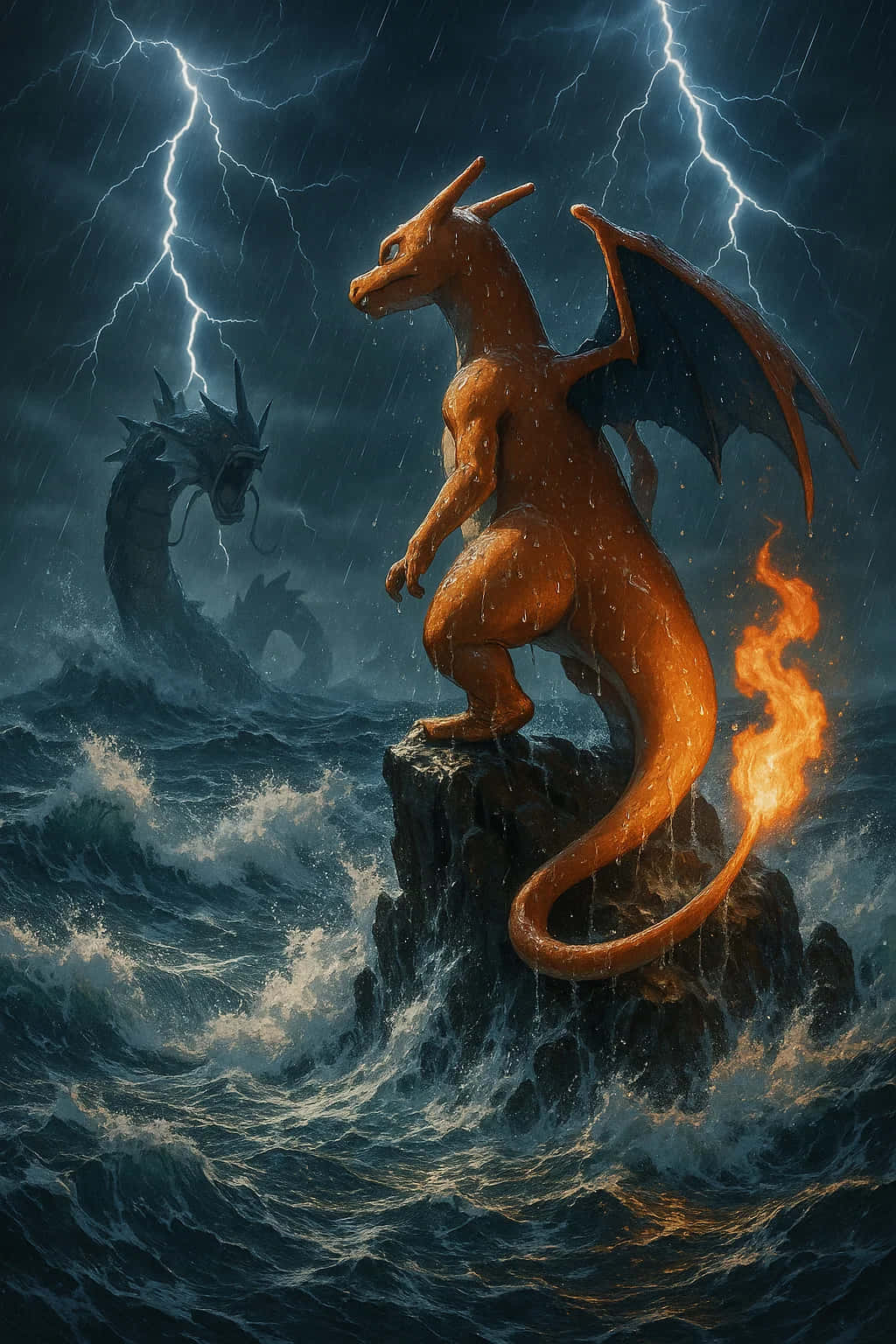 Charizard Pokemon HD Wallpaper WEBP 4K Background Download 壁紙 — 一條火橙色的龍站在暴風雨中的岩石上，閃電在上方劈下，一條黑暗的蛇在洶湧的海中盤繞。