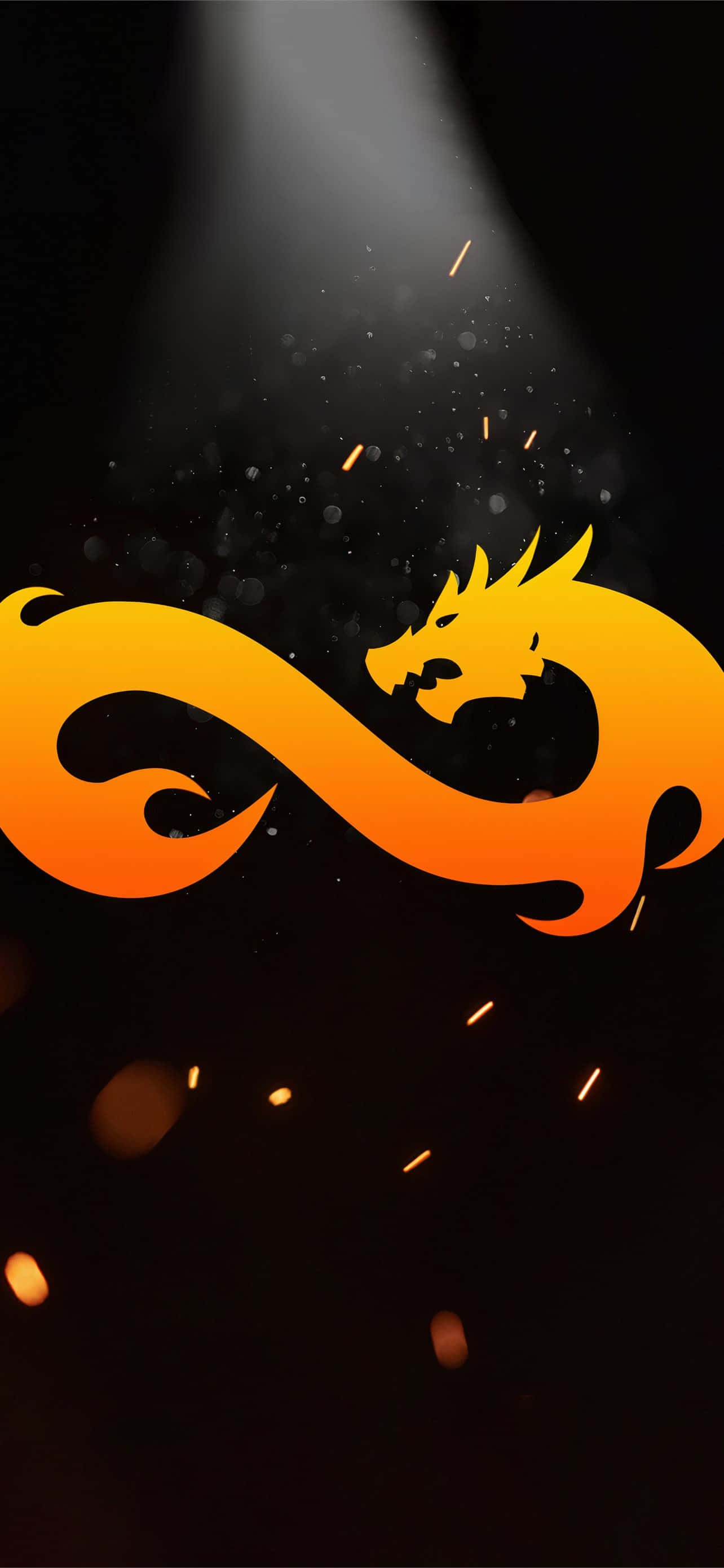 Android Counter-strike Global Offensive 桌布 壁紙 — 一條火橙色龍的剪影在黑暗背景下，於聚光燈下優雅地盤繞，周圍漂浮著餘燼。