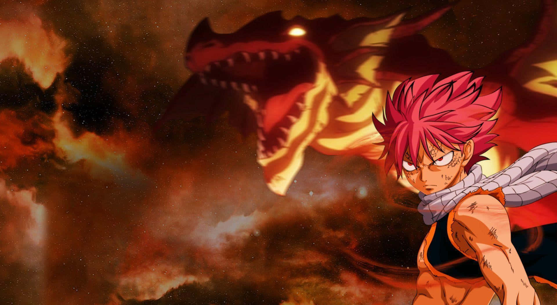 natsu dragneel 桌布 壁紙 — 一條火焰巨龍在煙霧瀰漫的宇宙戰場上，潛伏在一位堅定的紅髮動漫戰士身後。