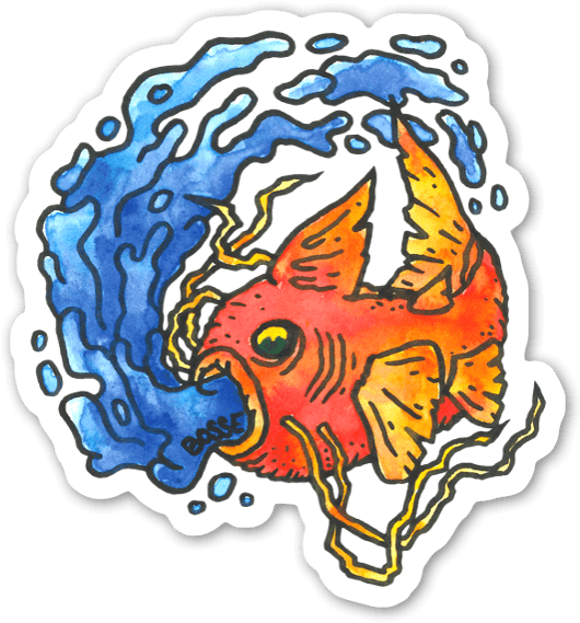 金魚 桌布 壁紙 — 一條火熱的橙色魚，帶有黃色魚鰭，在旋轉的藍色水中以動態水彩插圖衝出。
