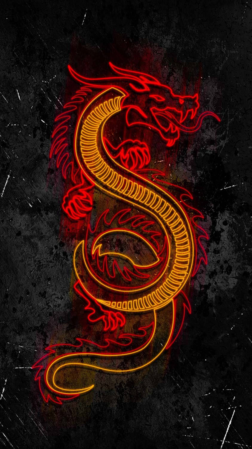 龍 桌布 壁紙 — 一條火紅與橙色的霓虹龍動態地纏繞在帶有白色刮痕的粗糙黑色紋理牆上。