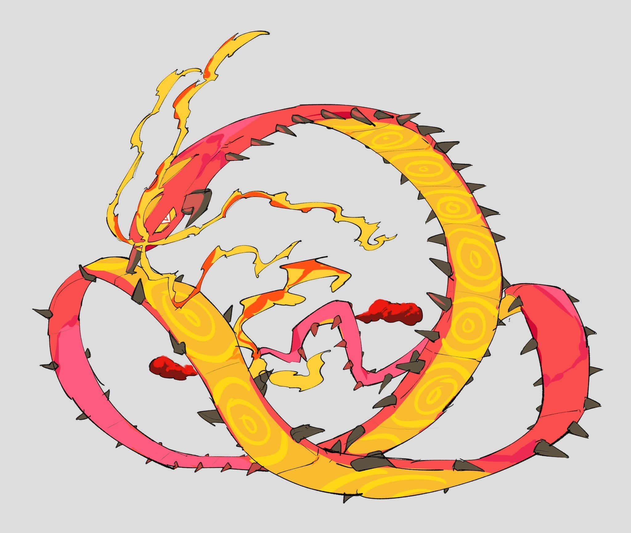 Pokémon 手機 桌布 壁紙 — 一條火紅與黃色、帶有尖刺鱗片的龍，在純灰色背景上動態盤繞。