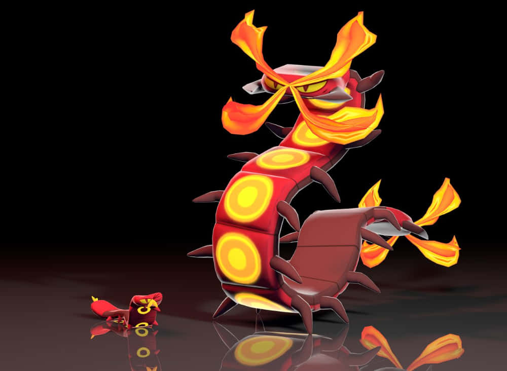 Pokemon Aesthetic 桌布 壁紙 — 一條火紅色的分段龍，帶有發光的黃色環和火焰狀附肢，威風凜凜地站在反光的黑暗表面上。