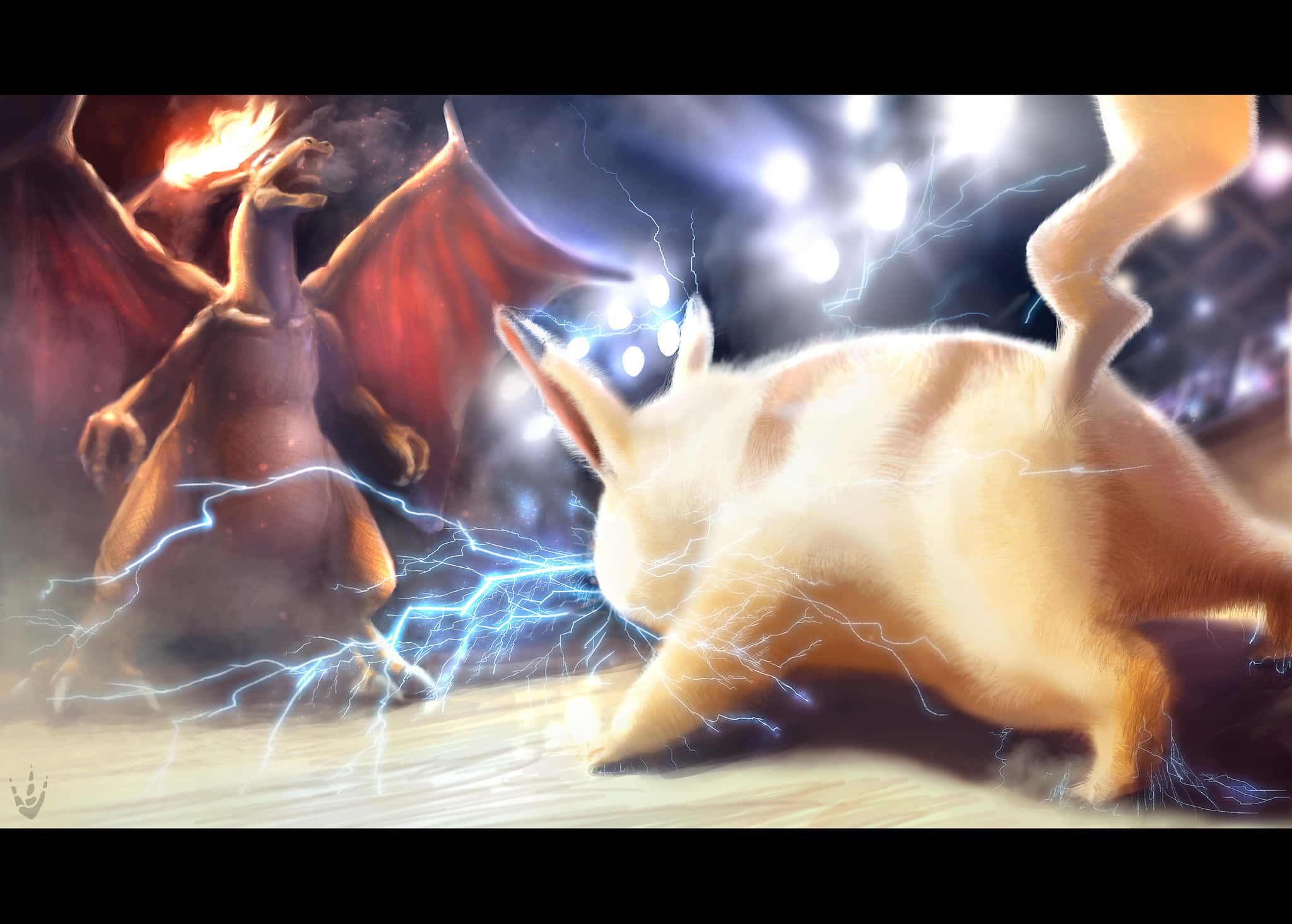 Pokemon Fan Art 桌布 壁紙 — 一條火紅色的龍和一隻發光的白色狐狸在戲劇性的戰鬥中對峙，它們之間有劈啪作響的藍色閃電。