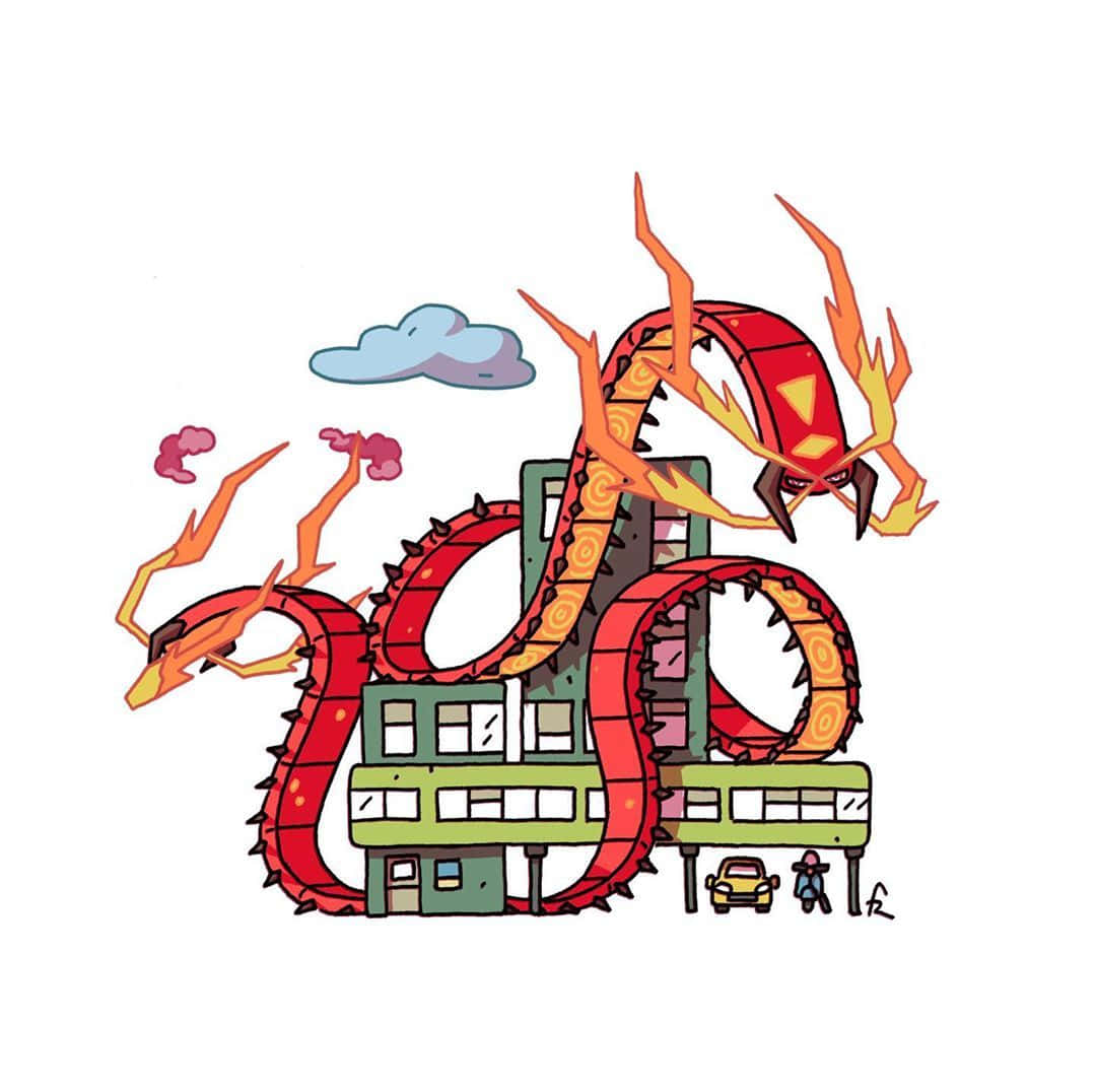 寶可夢 桌布 壁紙 — 一條火紅色的龍纏繞著一棟綠色建築，下方有一輛小汽車和一個人，上方只有一朵雲。