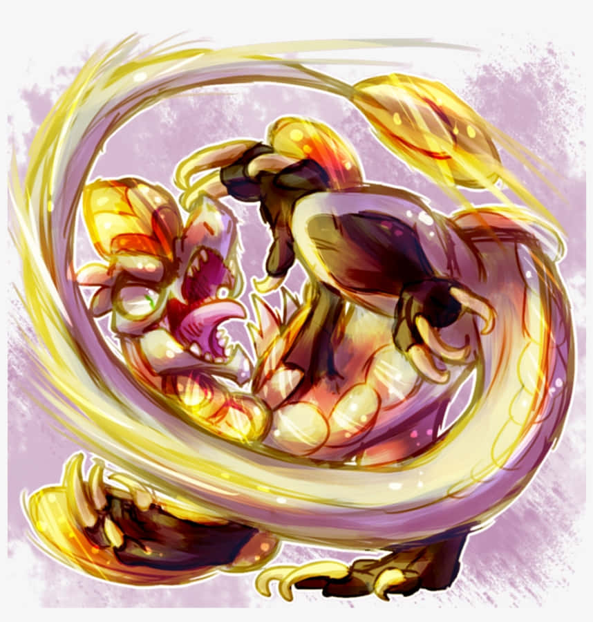 Cool Art 桌布 壁紙 — 一條火龍動態地盤繞，發光的金色能量在其充滿活力的紫色和橙色鱗片周圍旋轉。
