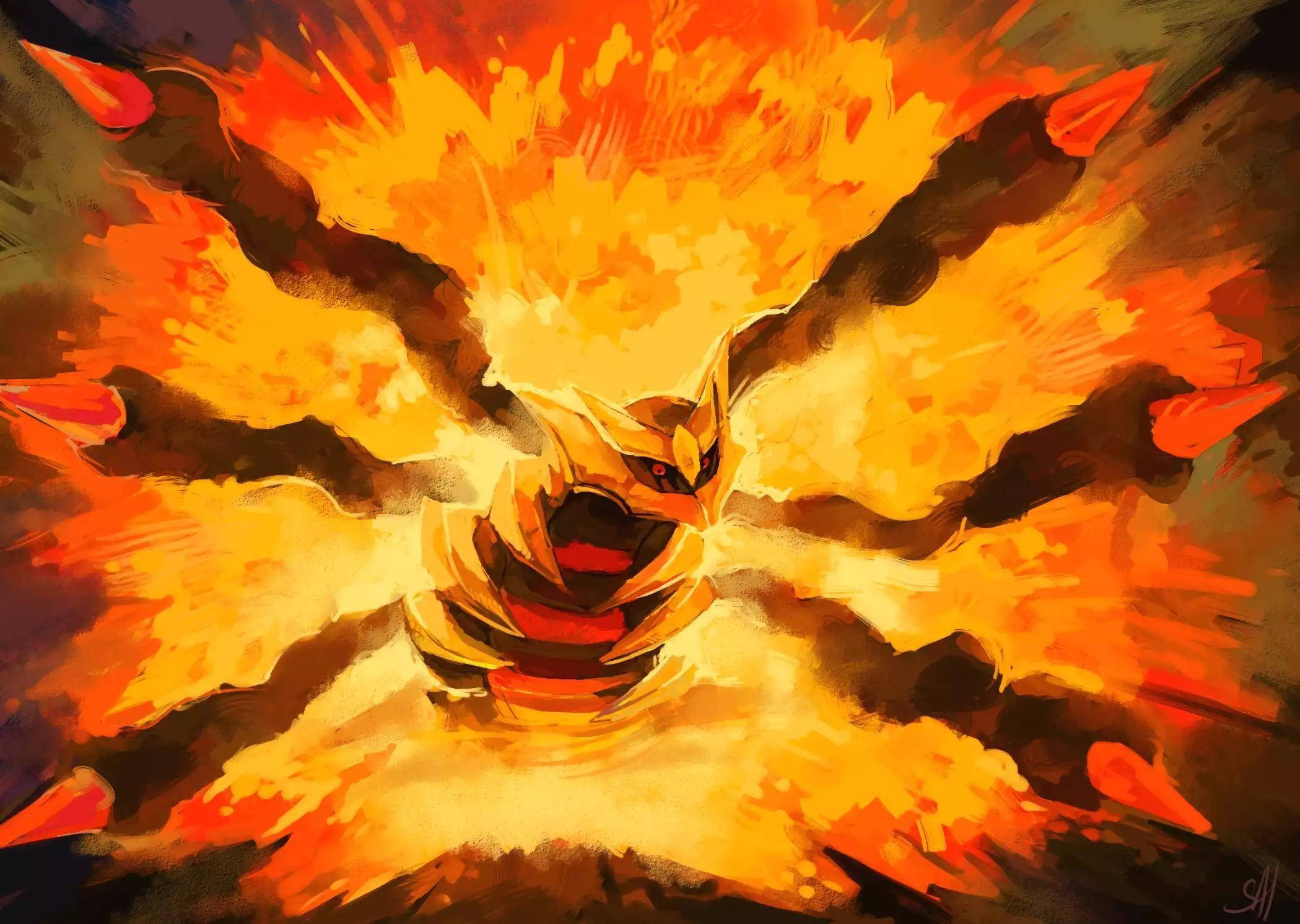 Giratina 桌布 壁紙 — 一條火龍在動態的動漫插圖中釋放出橙色和黃色火焰的熾熱爆炸。