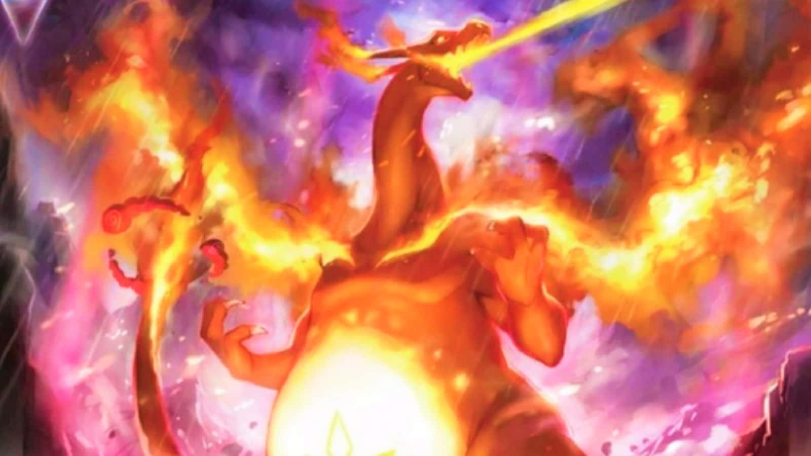 Charizard Pokemon 桌布 壁紙 — 一條火龍在旋轉的紫色和橙色宇宙背景下釋放出熾熱的光束。