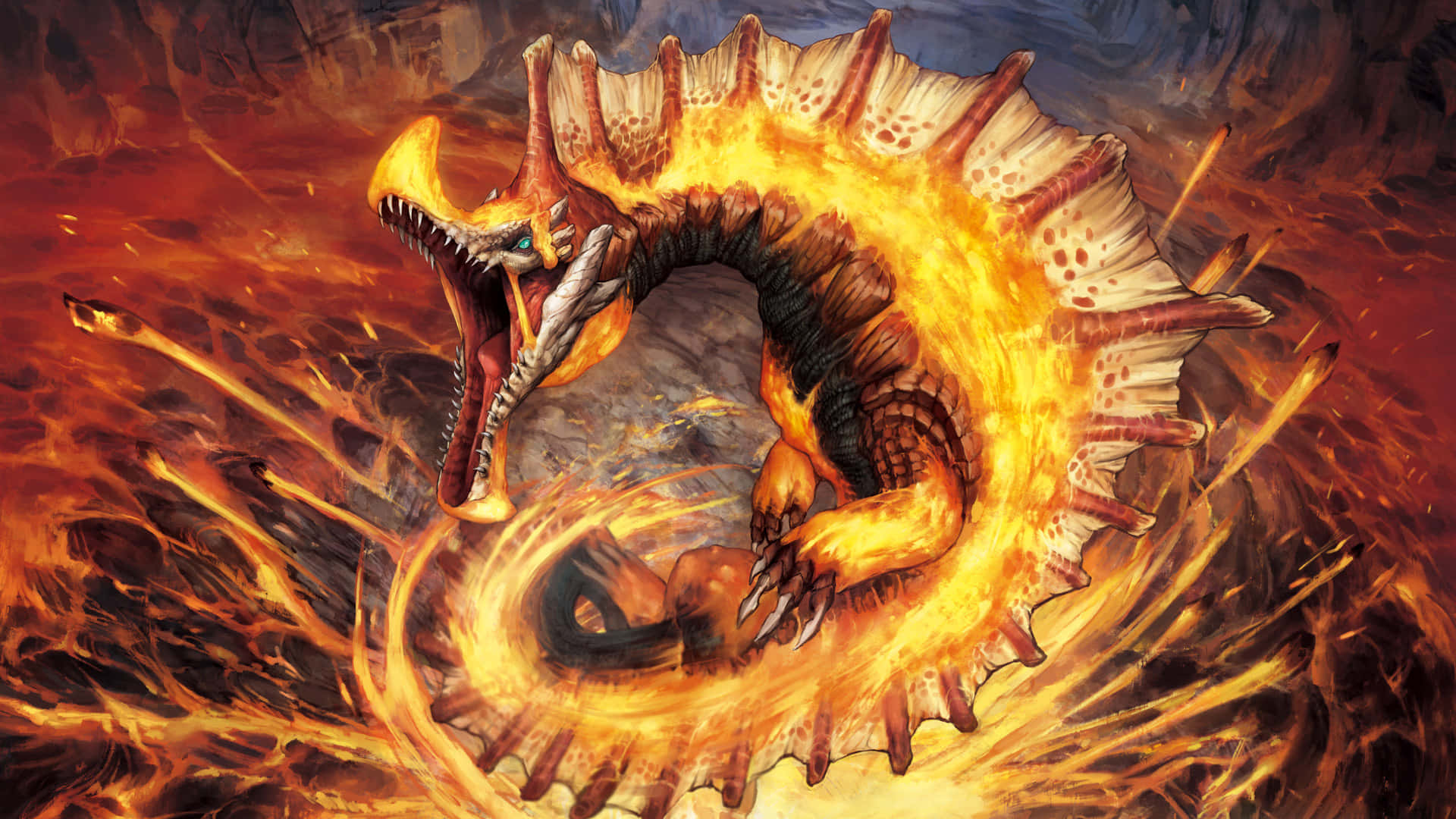 Monster Hunter Monsters 桌布 壁紙 — 一條火龍在煙霧繚繞的背景中，盤繞在熾熱的橙色火焰漩渦中。