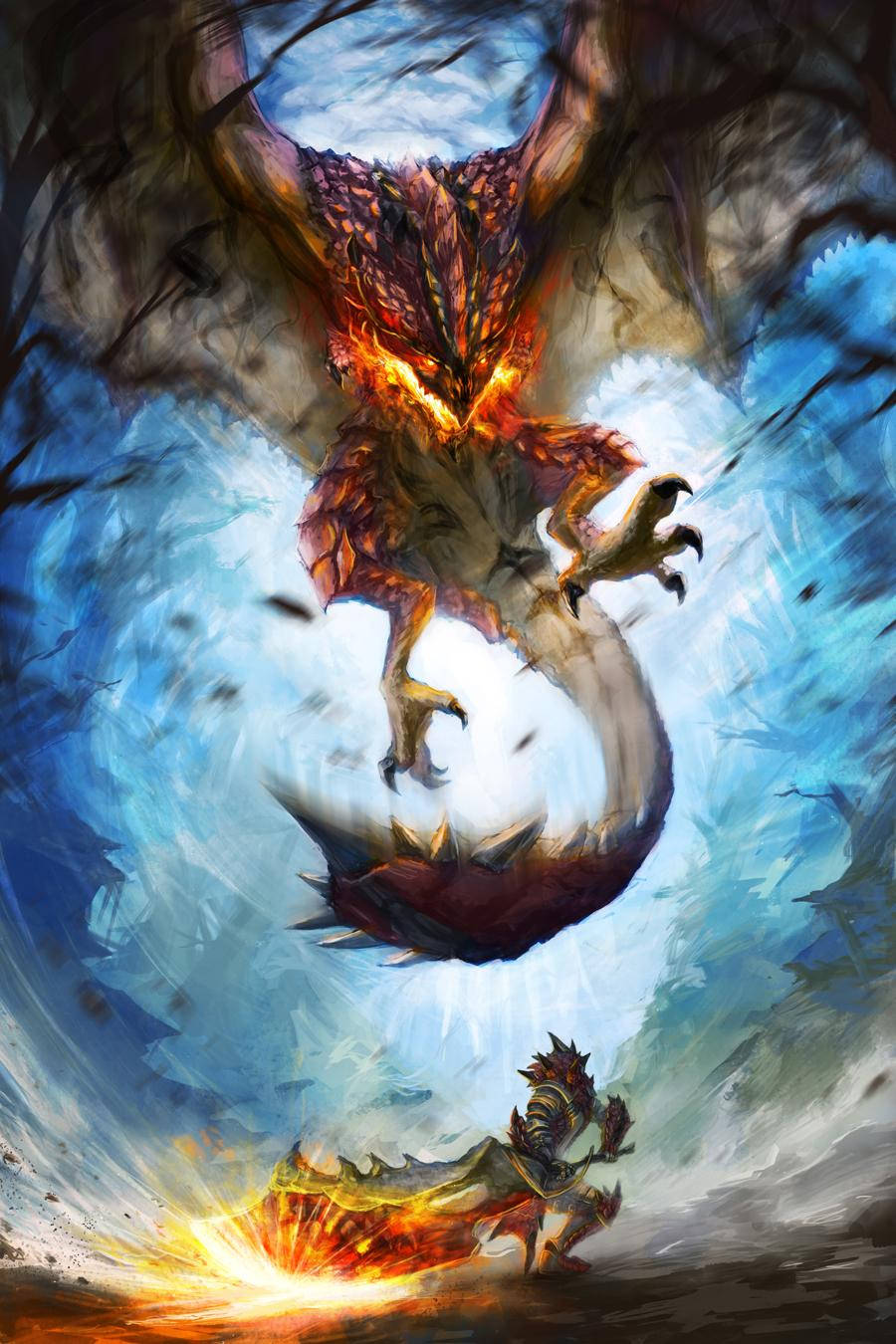 monster hunter iPhone 桌布 壁紙 — 一條火龍在風暴藍天中翱翔，而下面的戰士點燃了一把發光的武器。
