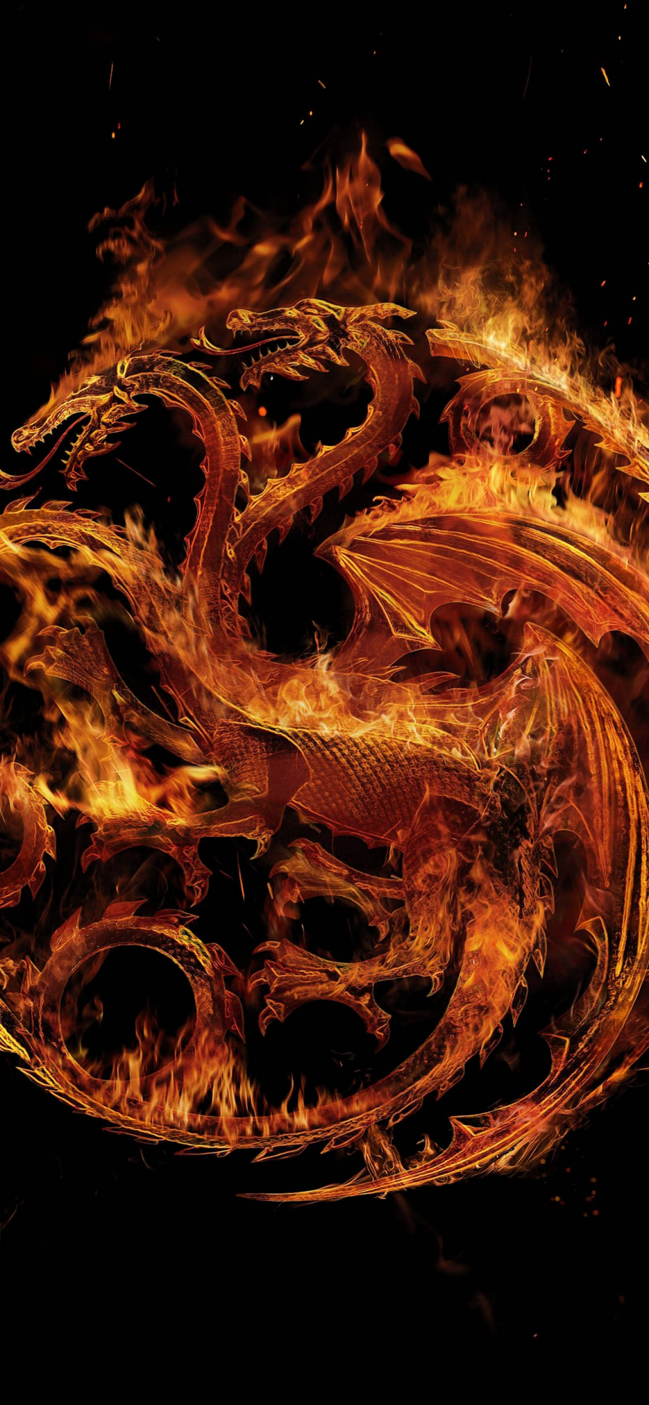Flames 桌布 壁紙 — 一條火龍在黑色背景上盤旋成火焰螺旋，帶有發光的橙色和黃色餘燼。