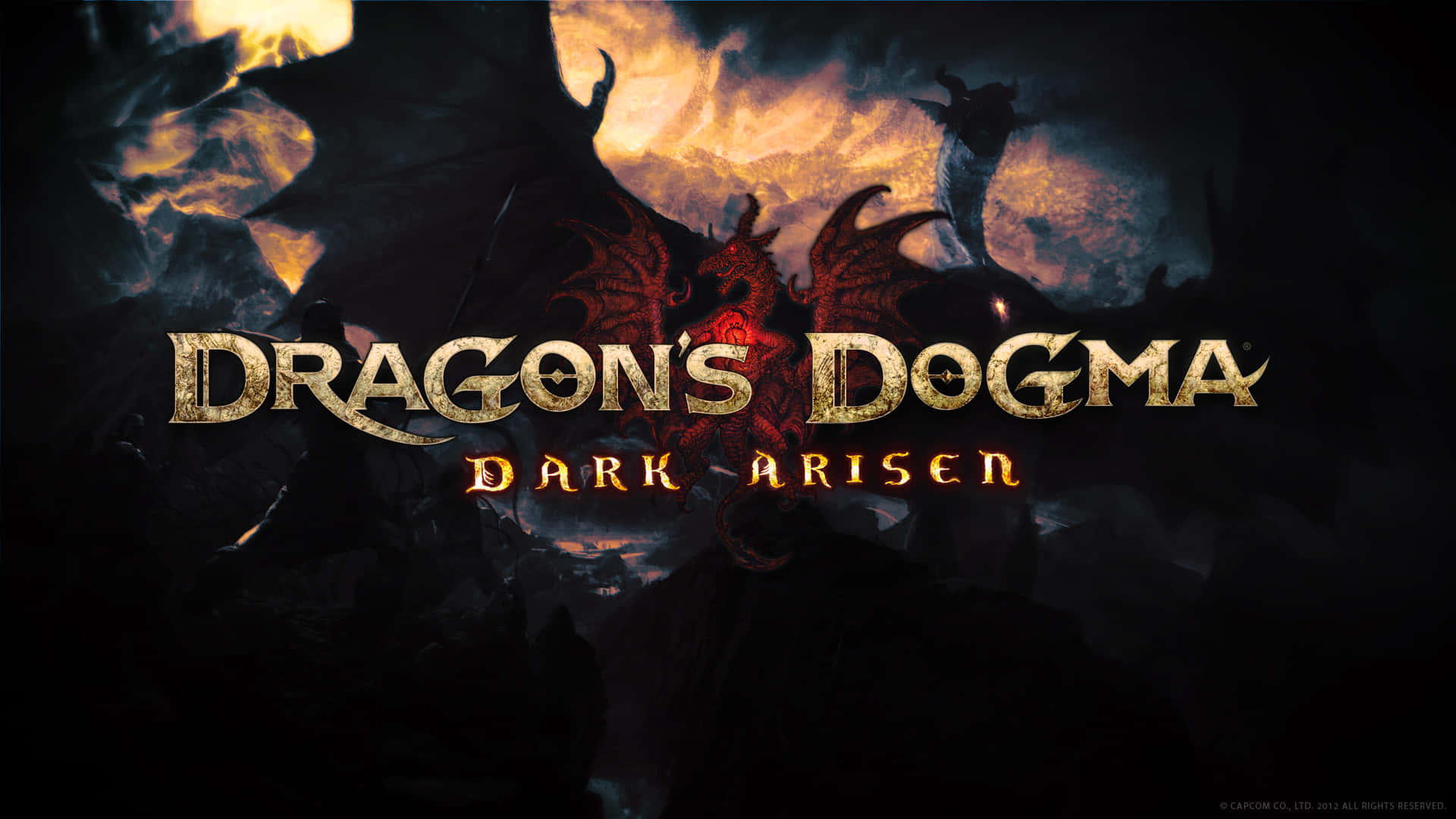 龍 桌布 壁紙 — 一條火龍從黑暗的雲層中出現，在發光的標題Dragon's Dogma Dark Arisen後面。