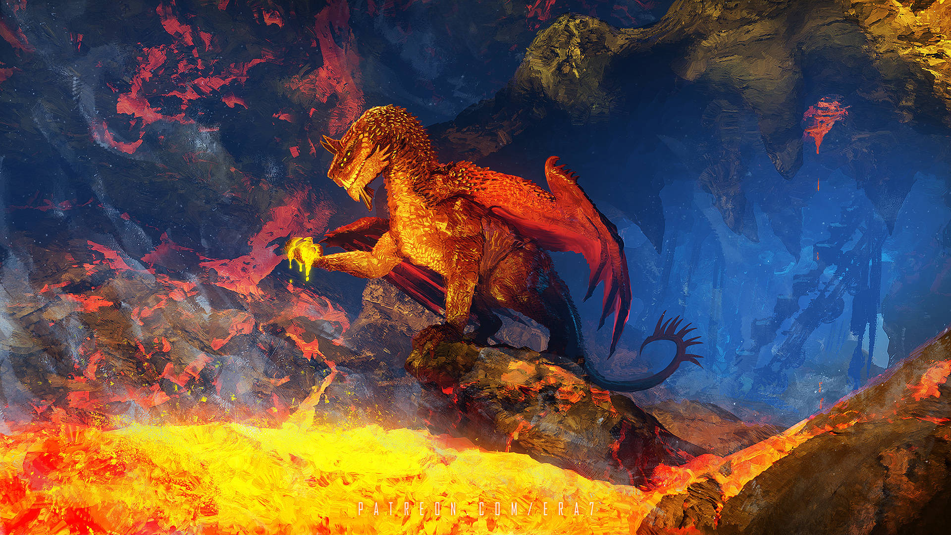 lava 桌布 壁紙 — 一條火龍棲息在火山懸崖上，俯瞰著熔岩，背景是暴風雨的紅色和藍色天空。