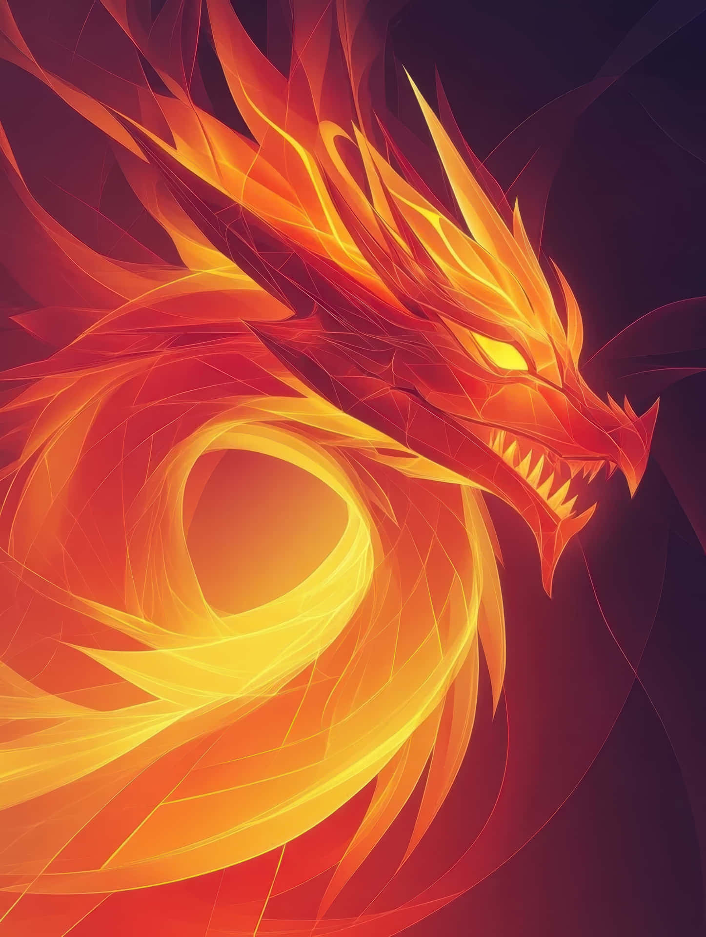 Fiery Abstract Dragon with Glowing Flames and Intense Energy 壁紙 — 一條火龍盤旋在發光的橙色和黃色火焰中，背景為深紫色。