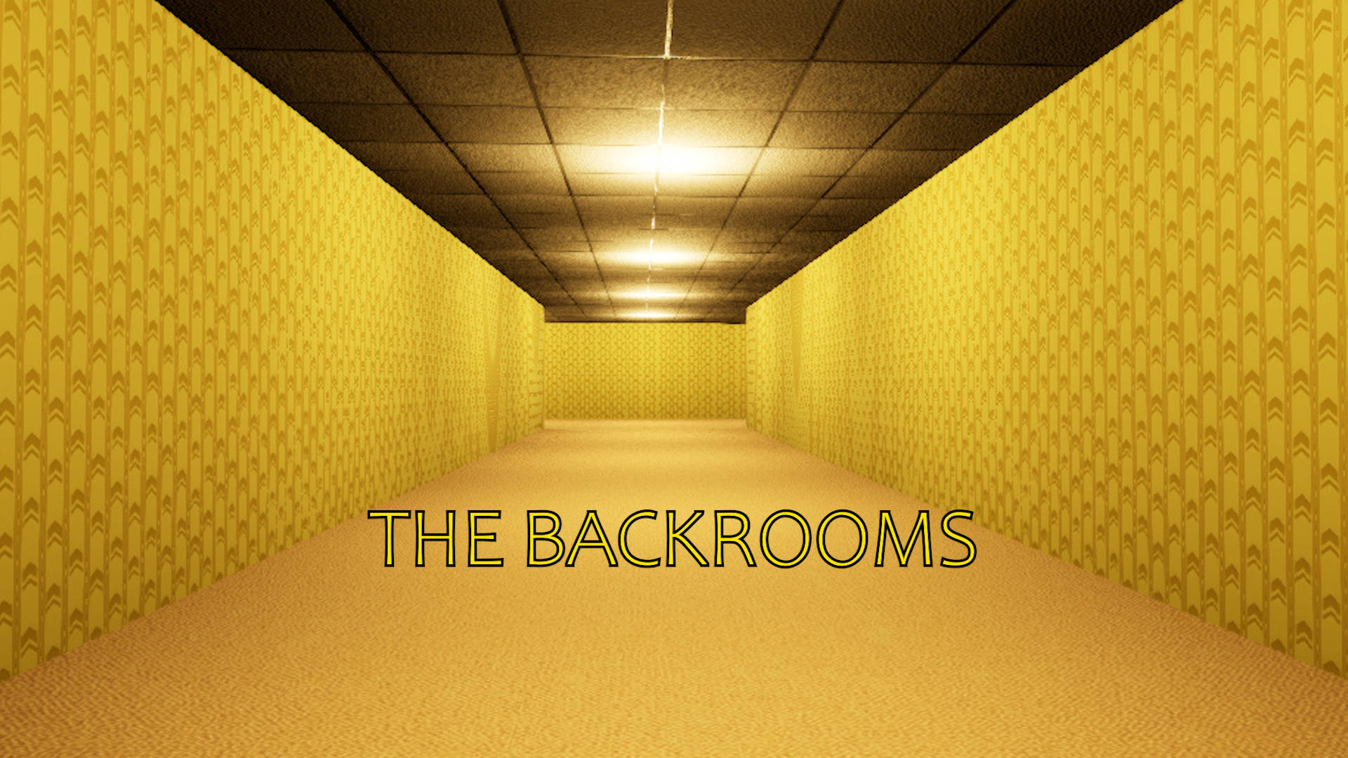 帶有 THE BACKROOMS 文字的黃色圖案走廊 — 電玩遊戲 GIF 壁紙
