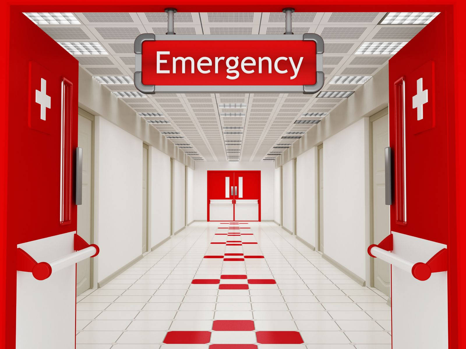 Hospital 桌布 壁紙 — 一條無菌的醫院走廊，紅白格子地板，通往一個以粗體紅色標誌標示的急診室入口。