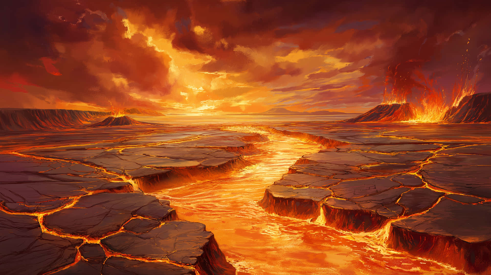 Dramatic Volcanic Eruption with Flowing Lava Landscape 壁紙 — 一條熔岩河流流經裂開的火山景觀，在熾熱的橙色和紅色天空下。