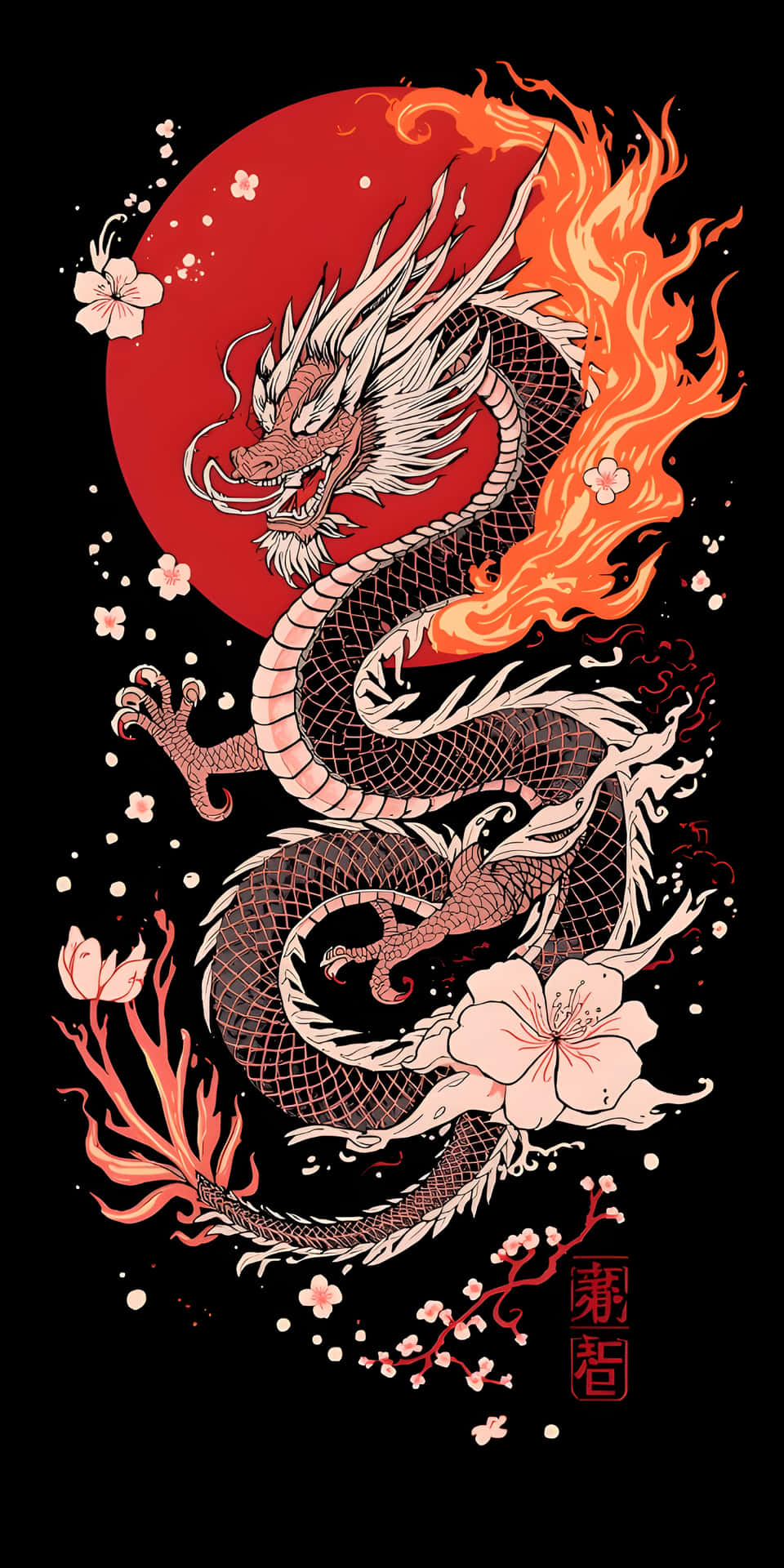 Dragon's Sunset 壁紙 — 一條熾熱的白龍盤繞著紅日，櫻花在黑色背景中飄浮。