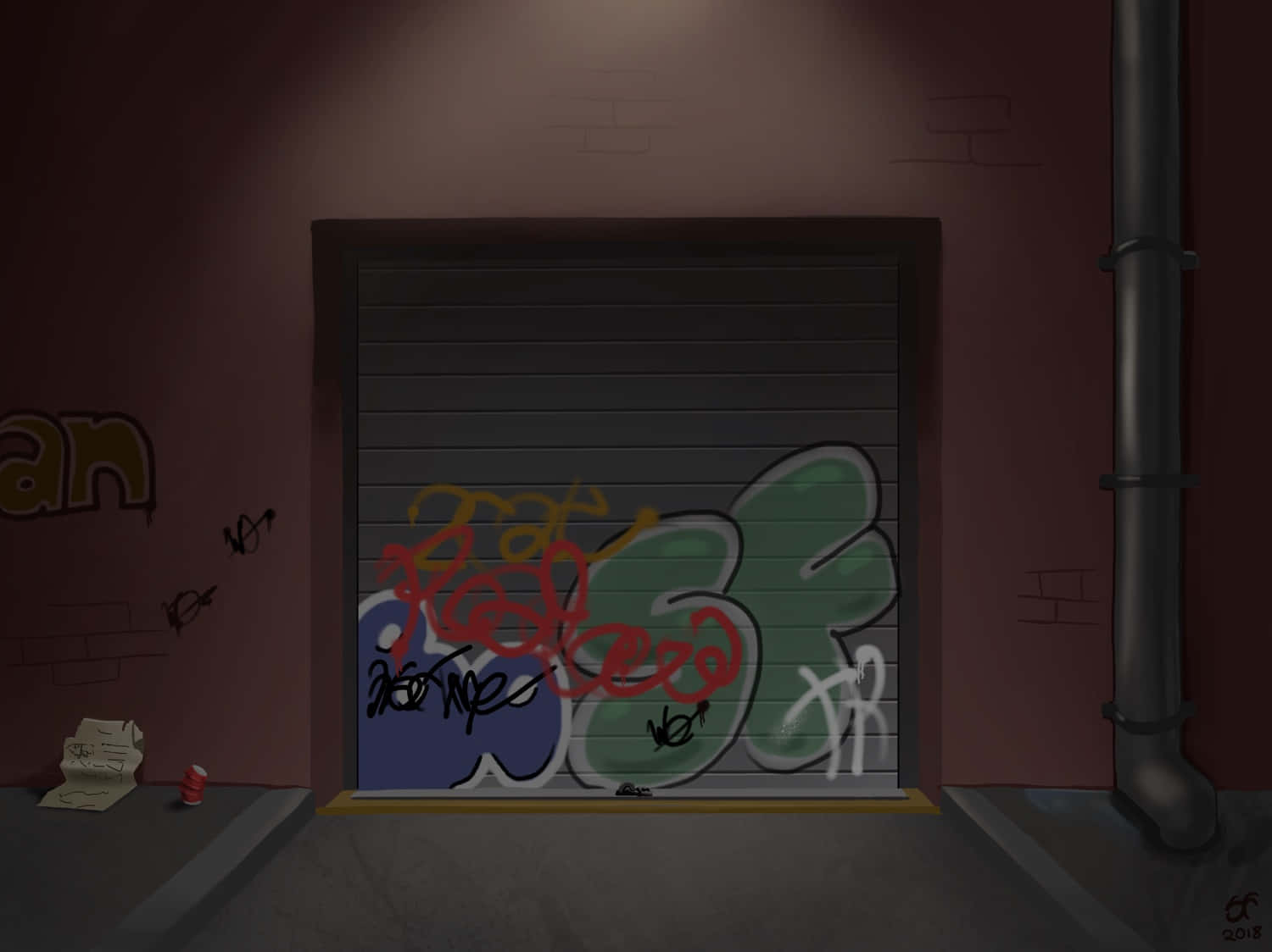 Alley 桌布 壁紙 — 一條燈光昏暗的小巷，單一頭頂燈光下有一道佈滿塗鴉的車庫門。