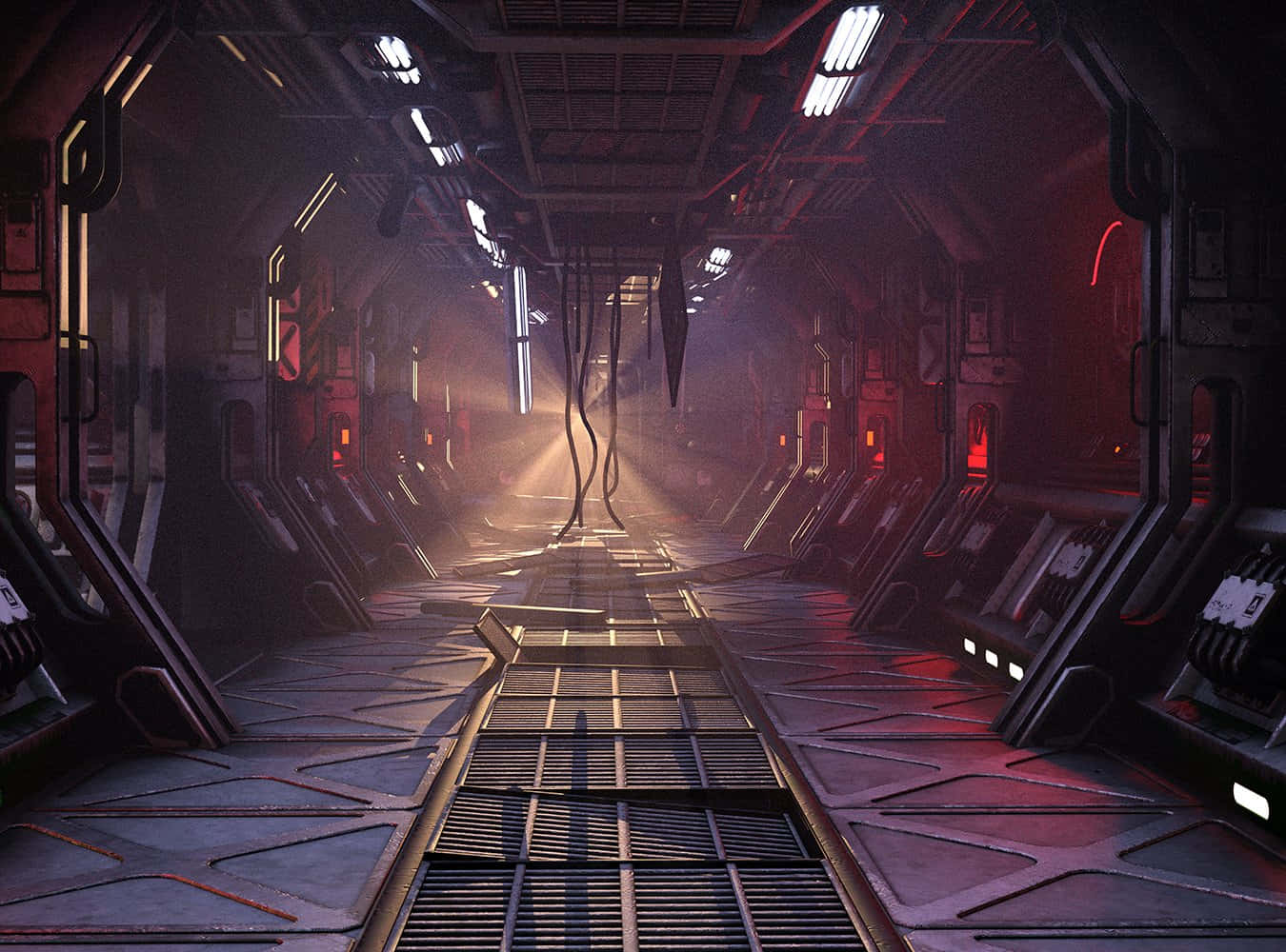 Spaceship 桌布 壁紙 — 一條燈光昏暗的未來太空船走廊，紅色和白色的燈光在金屬地板上投下長長的陰影。