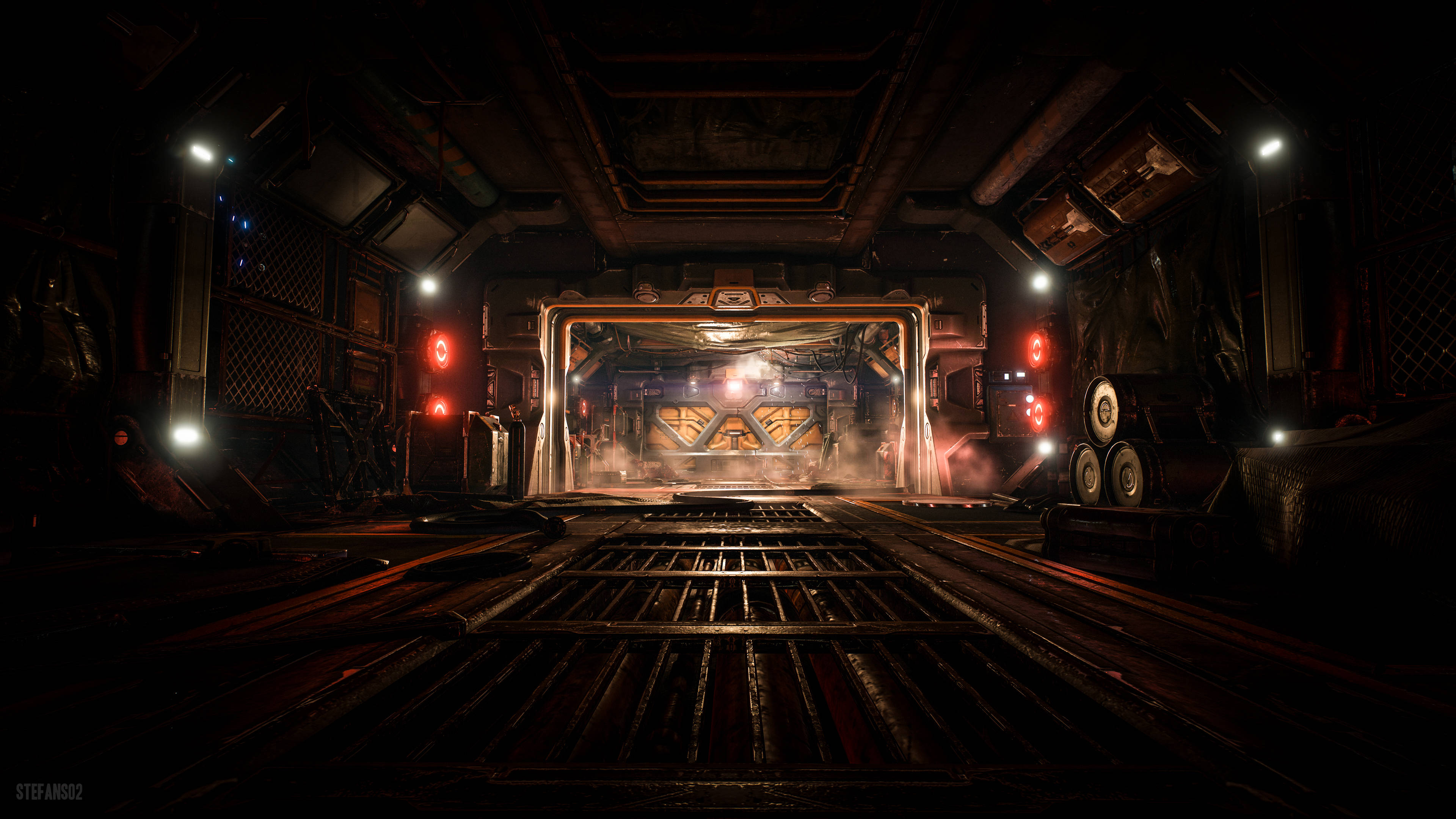 Doom 4K 桌布 壁紙 — 一條燈光昏暗的未來感太空船走廊，帶有發光的紅色燈光和金屬格柵，通往一個發光的中央艙門。