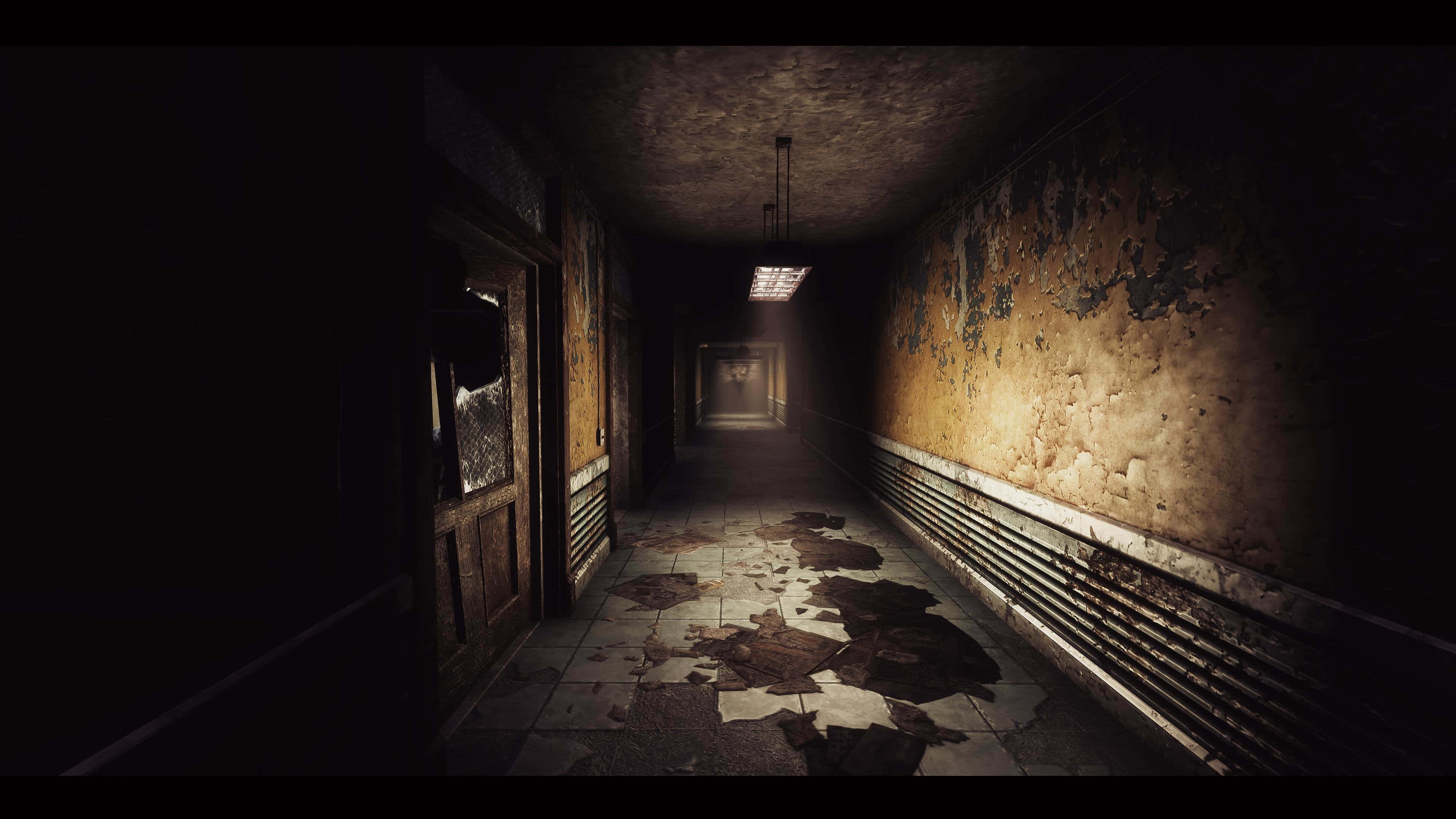 Fallout Nv 桌布 壁紙 — 一條燈光昏暗的被遺棄走廊，牆壁剝落，地板瓷磚污跡斑斑，通向黑暗。