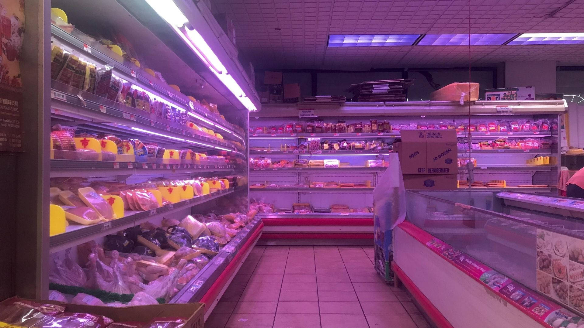 Store 桌布 壁紙 — 一條燈光昏暗的雜貨店通道，沐浴在紫色螢光燈下，冷藏貨架幾乎空空如也，產品散落各處。