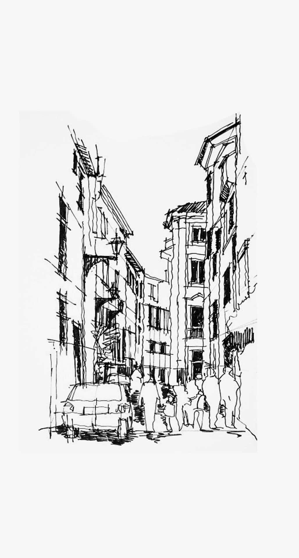 Sketches 桌布 壁紙 — 一條狹窄城市街道的黑白素描，有高樓大廈、行人和一輛停泊的汽車。