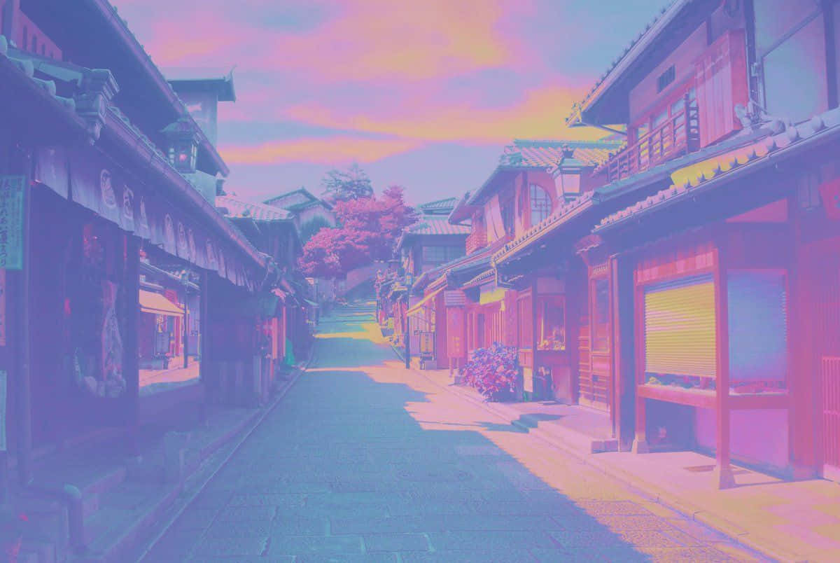桌布 壁紙 — 一條狹窄的傳統日本街道，在充滿活力的暮色天空下沐浴在超現實的粉紅色和藍色色調中。