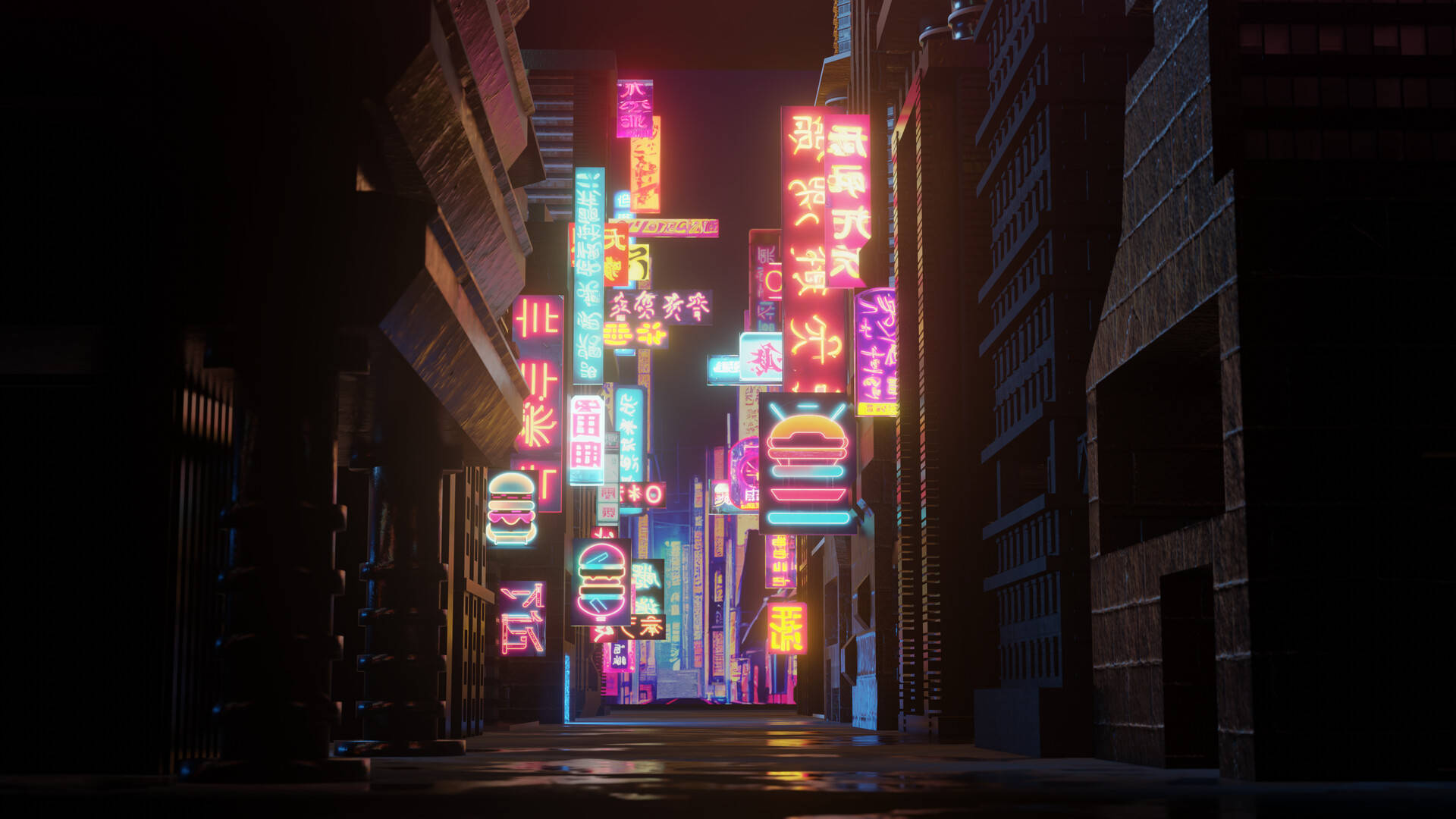 8位元日本 桌布 壁紙 — 一條狹窄的城市小巷，在黑暗的天空下，濕漉漉的路面反射著鮮豔的霓虹燈招牌。