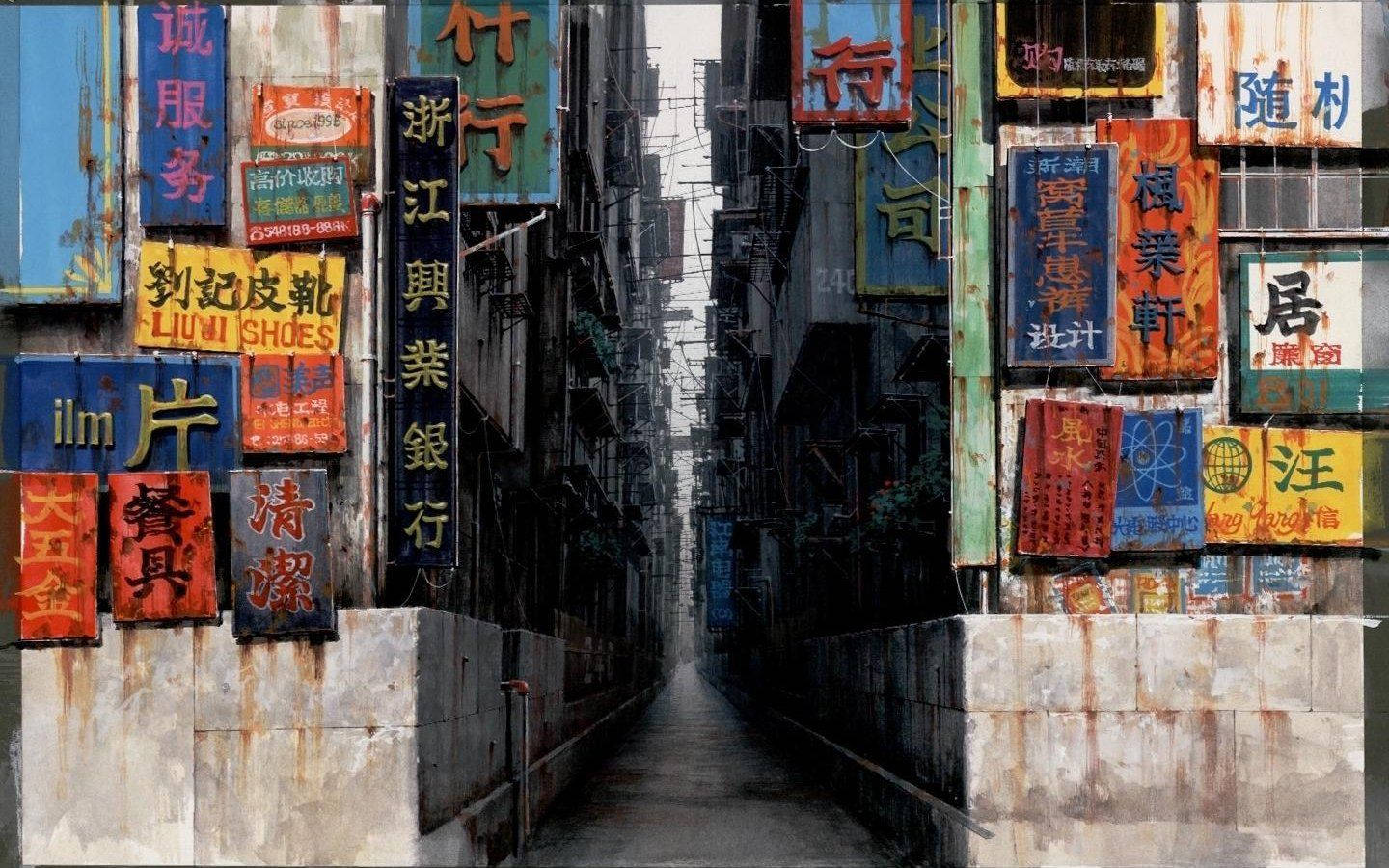 攻殼機動隊 桌布 壁紙 — 一條狹窄的小巷，位於古老的中國城市，兩旁是風化的彩色招牌，上面有中文字和褪色的英文文字。