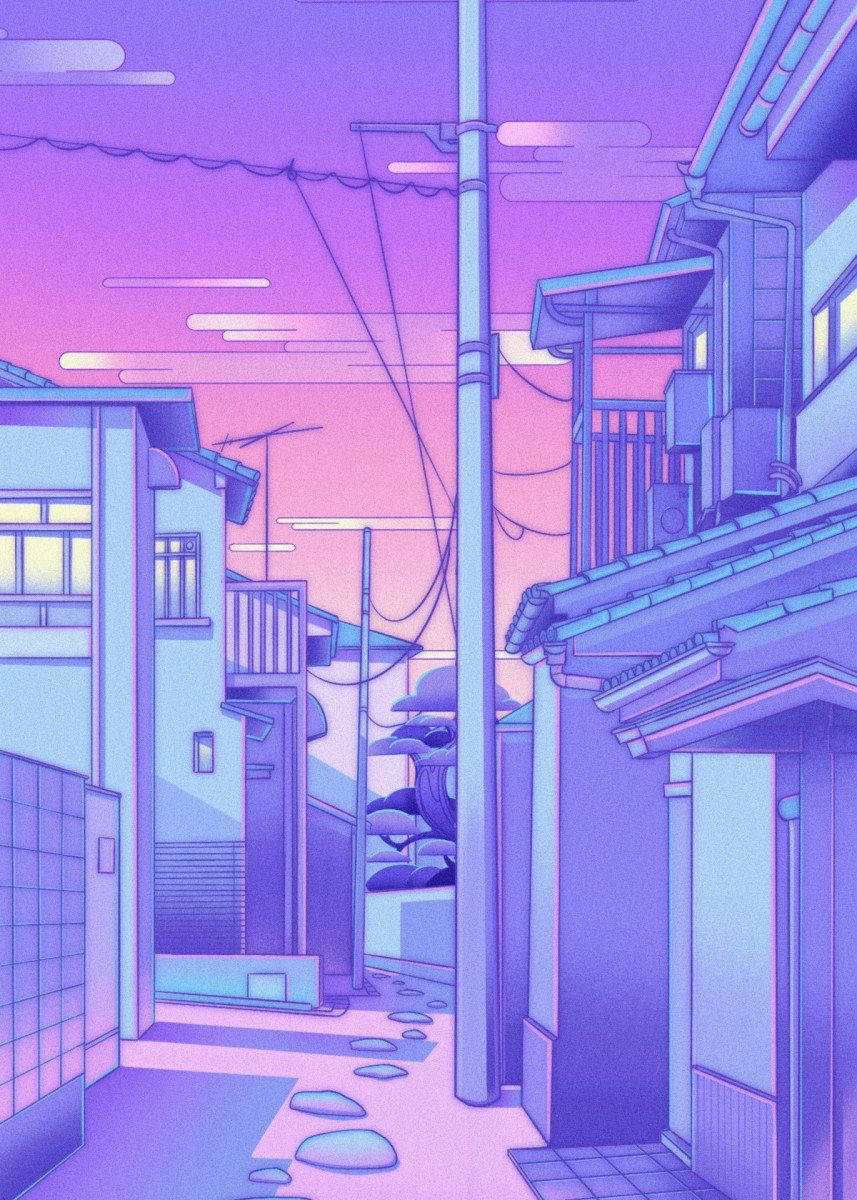 Aesthetic Drawings 桌布 壁紙 — 一條狹窄的小巷，兩旁是粉紫色和粉紅色的建築物，在暮色天空下，窗戶發光，頭頂有電線。
