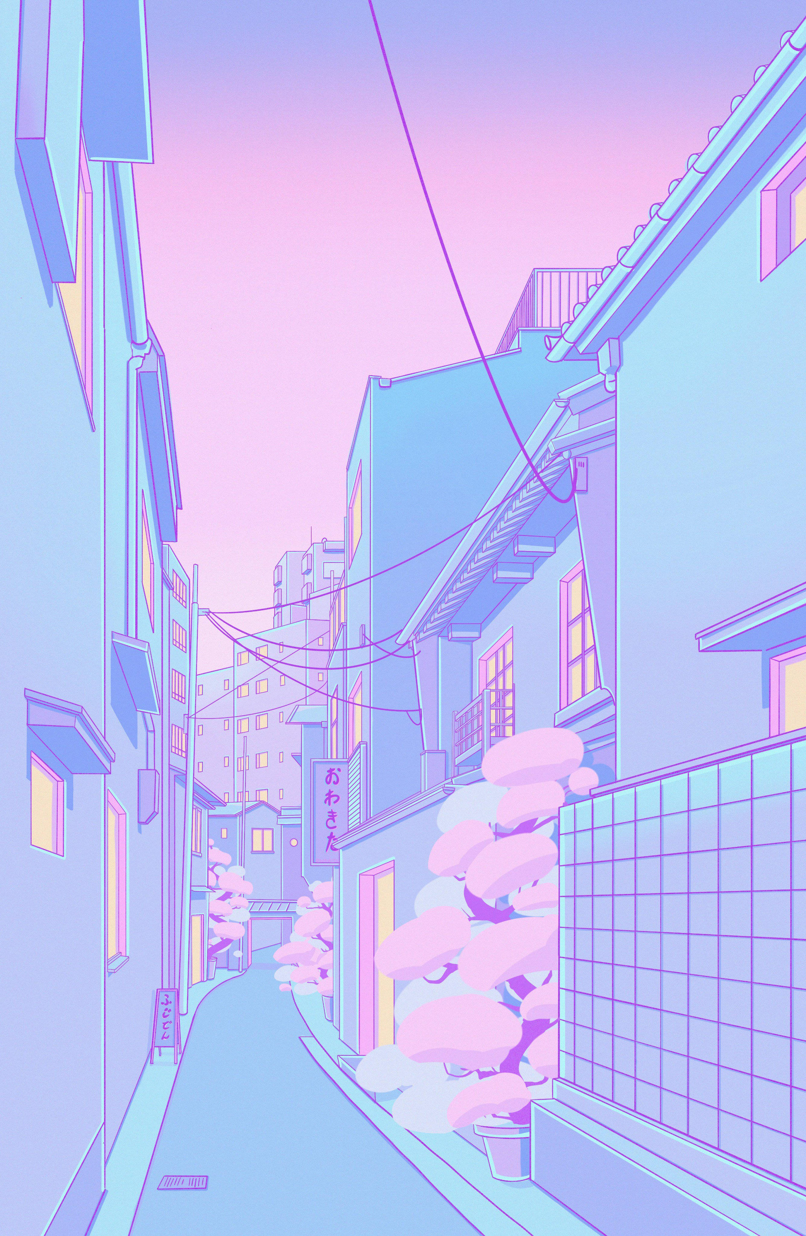 Japanese Aesthetic 桌布 壁紙 — 一條狹窄的小巷，兩旁是粉藍色建築，粉紫天空下櫻花盛開，窗戶閃爍光芒。
