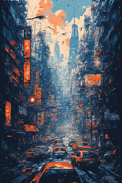 Urban Safari 4K 壁紙 — 一條狹窄的未來主義城市街道，兩旁是高聳的霓虹燈建築和橙色計程車，天空多雲。
