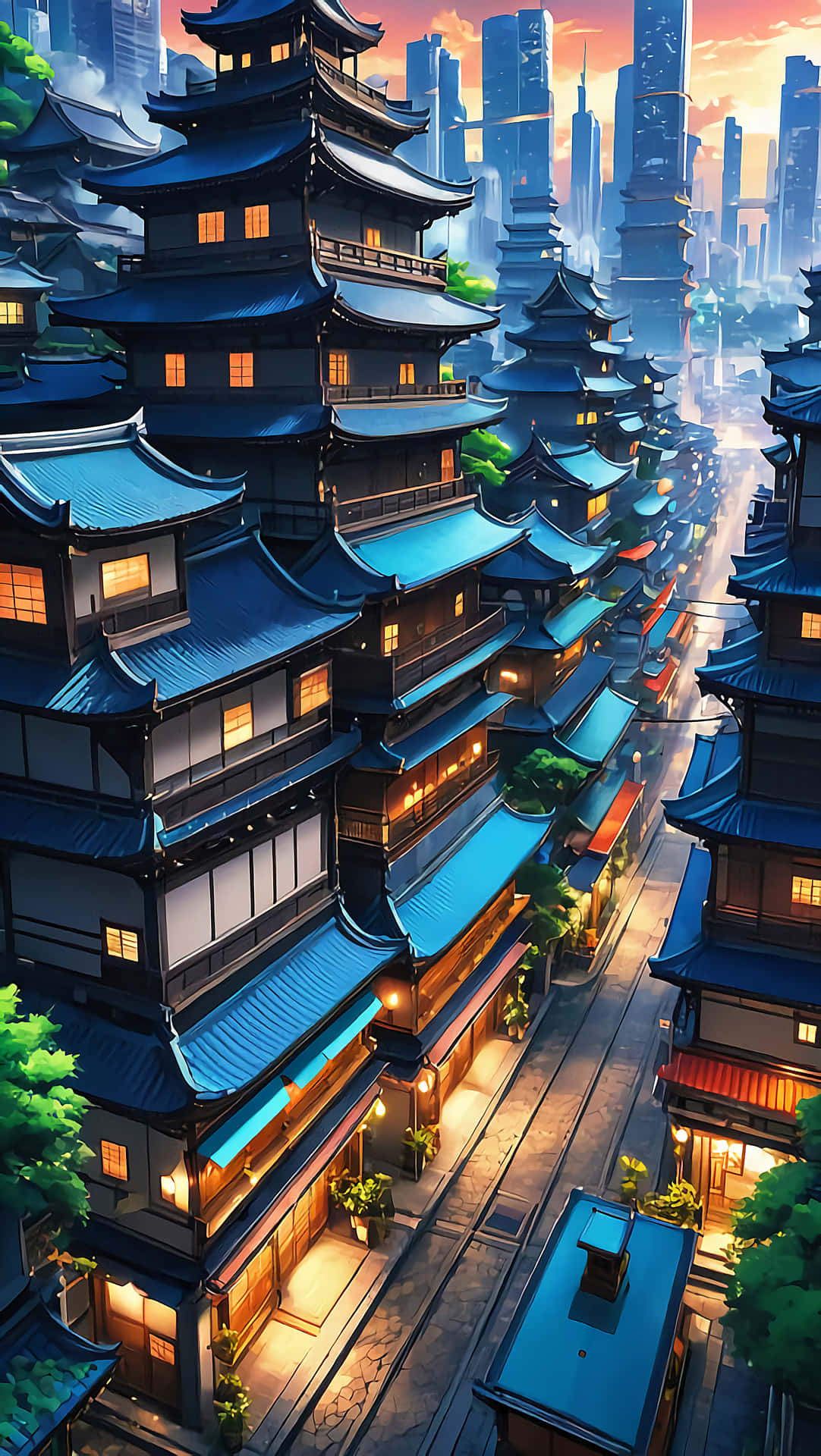 Cartoon Animal Background 壁紙 — 一條狹窄的街道蜿蜒在高聳的傳統日本建築之間，建築物有發光的窗戶，背景是日落時分的未來城市天際線。