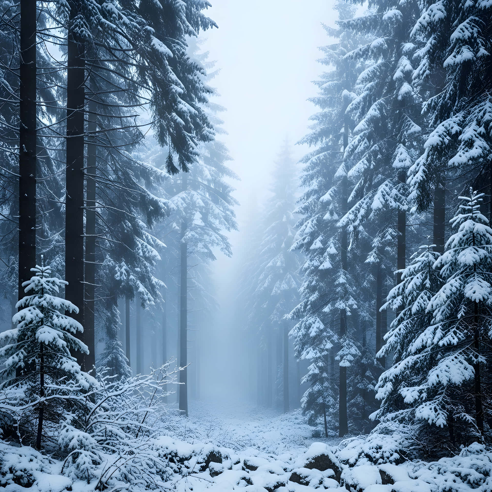 Snowy forest scene 壁紙 — 一條狹窄的雪徑蜿蜒穿過茂密的森林，高大的常綠樹上覆蓋著新雪，天空朦朧湛藍。