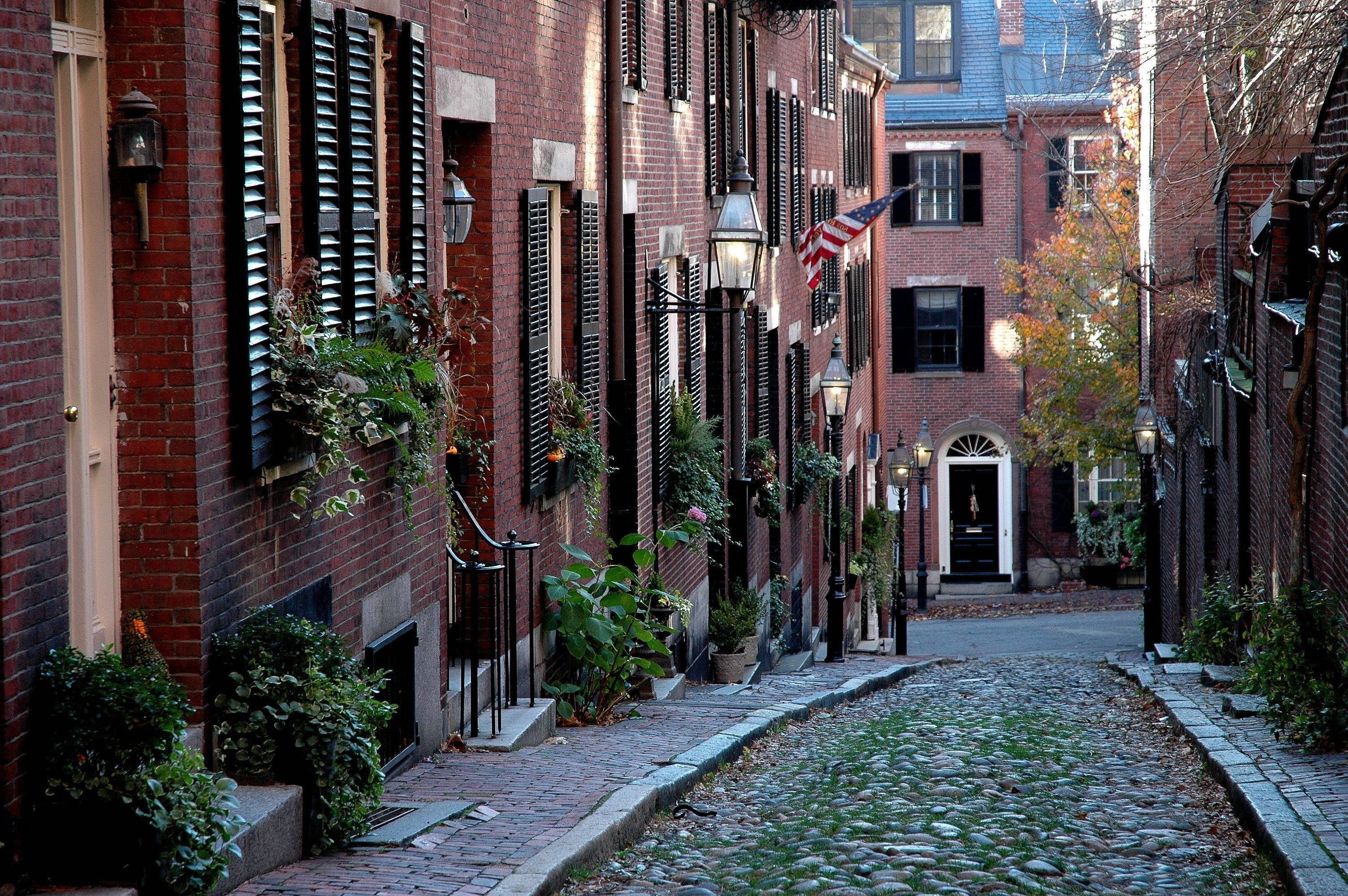 Boston 桌布 壁紙 — 一條狹窄的鵝卵石小巷，兩旁是歷史悠久的紅磚房屋，裝飾著黑色百葉窗和懸掛的綠色植物。