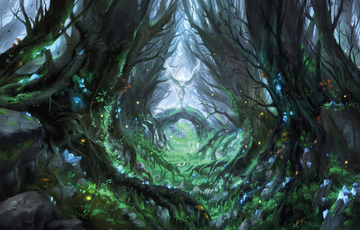 magical 桌布 壁紙 — 一條由古老扭曲樹木形成的神秘森林隧道，散發著生物發光的藍色和橙色光芒，通往一個光芒四射的空靈人物。