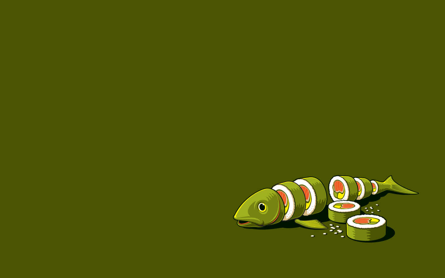 藝術 桌布 壁紙 — 一條由壽司卷製成的奇特綠色魚躺在純橄欖色背景上，散落著芝麻。