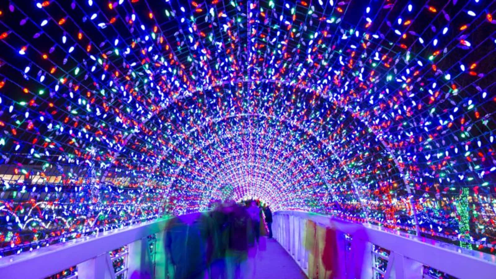 tunnel 桌布 壁紙 — 一條由彩色串燈組成的耀眼隧道在頭頂拱起，隨著人們在夜間走過，模糊成一個光芒四射的漩渦。