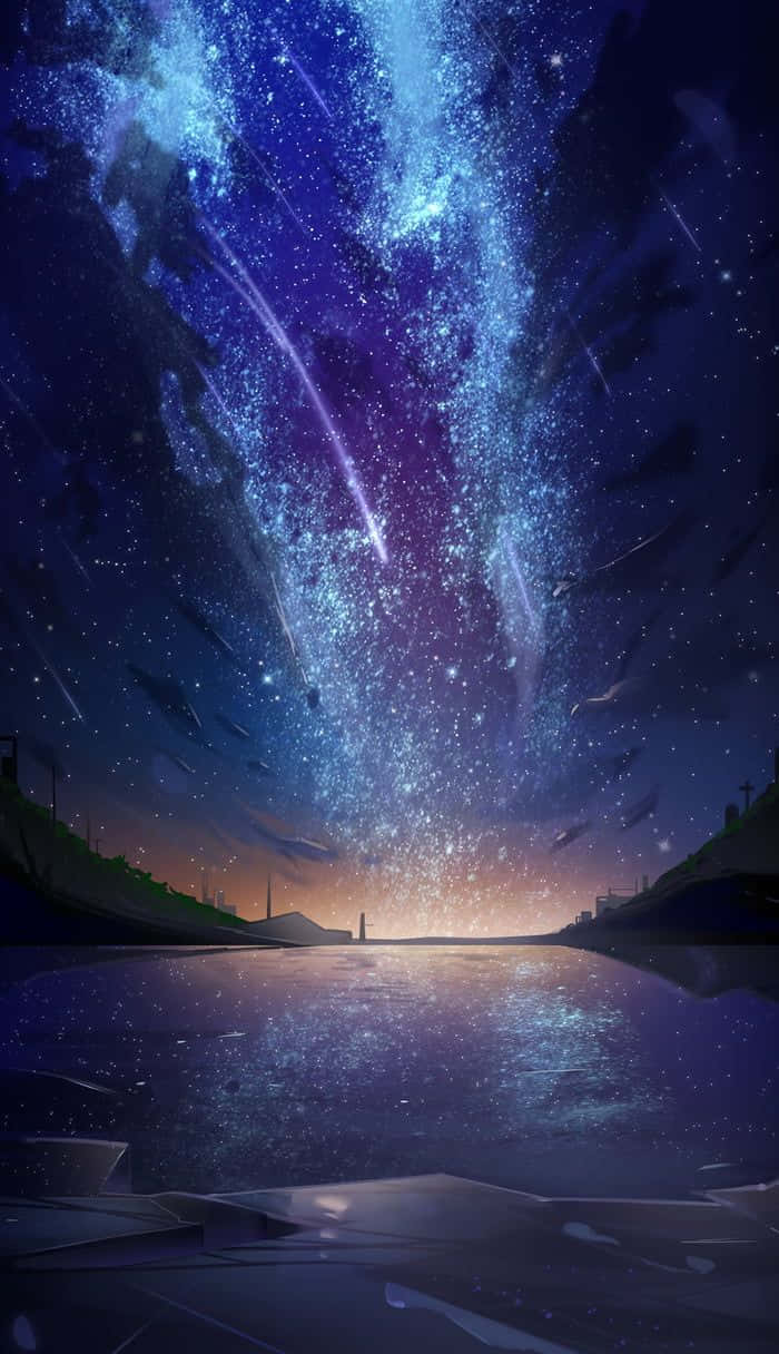 桌布 壁紙 — 一條由星星和流星組成的宇宙河流從暮色天空傾瀉而下，流入兩旁有黑暗山丘的反射水道。
