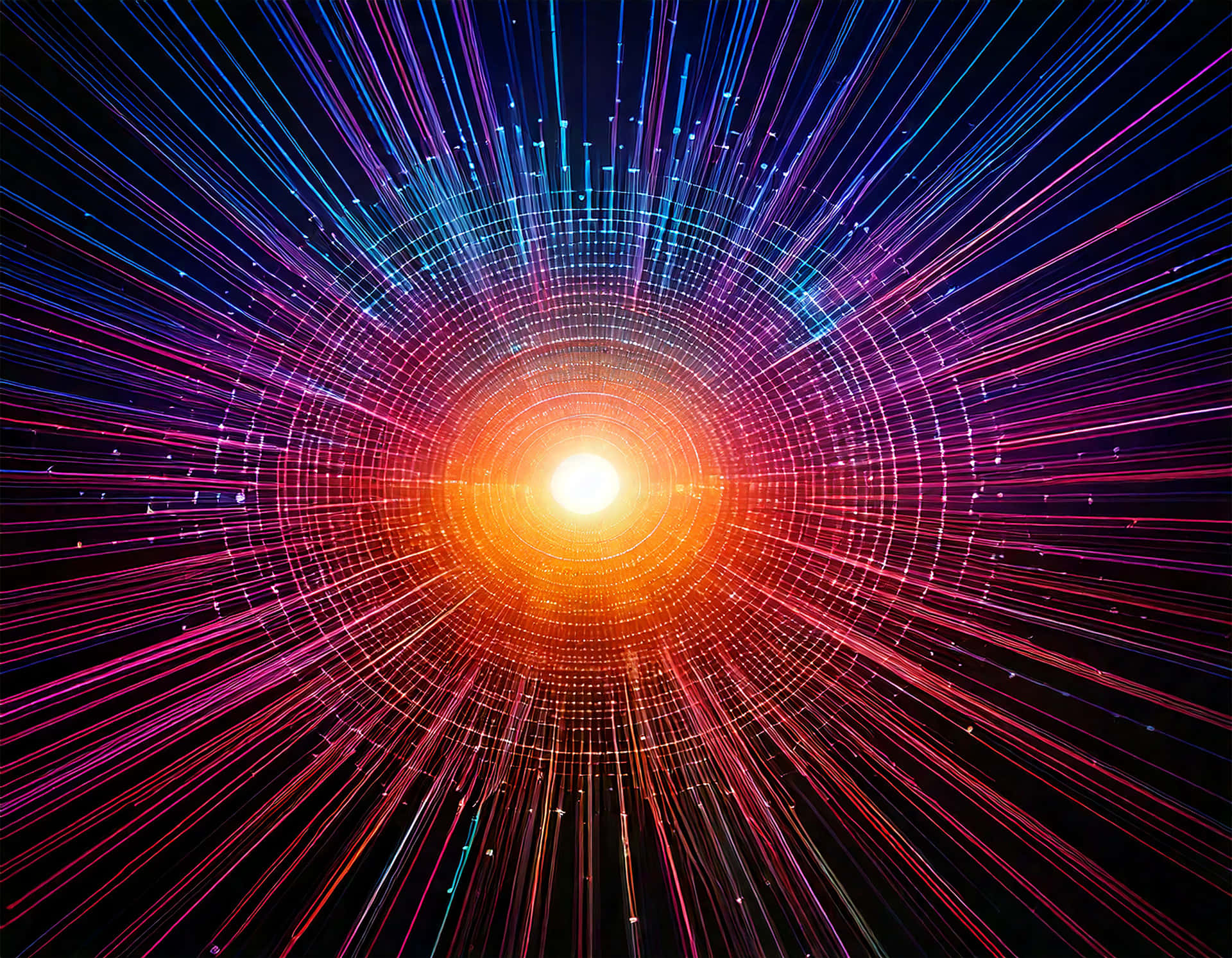 Digital Connection 壁紙 — 一條由橙色、粉紅色和藍色發光線條組成的燦爛隧道，從明亮的中心核心向外輻射，映襯著黑色虛空。