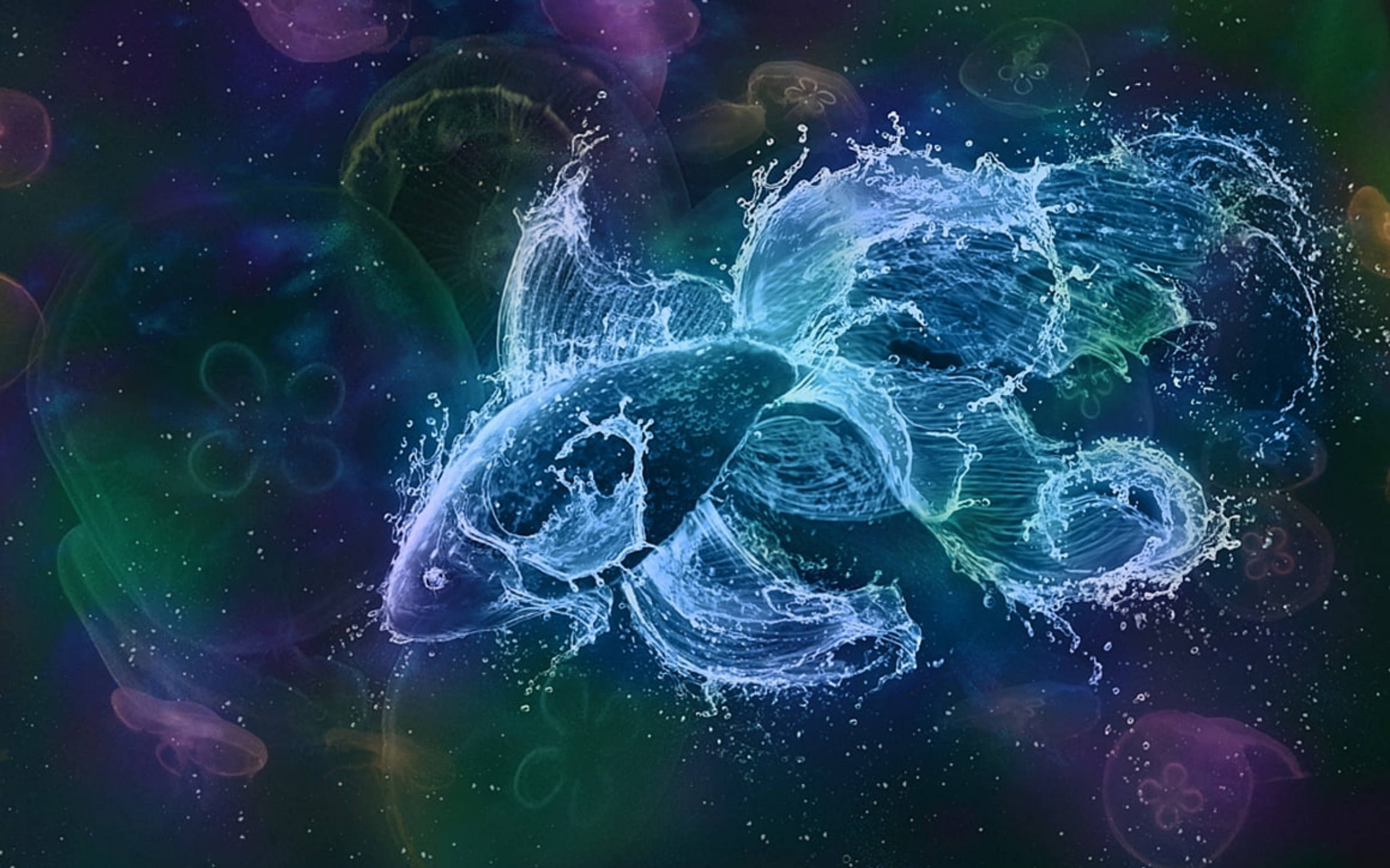 雙魚座 桌布 壁紙 — 一條由水花組成的發光藍色魚在充滿半透明水母的宇宙海中游動。