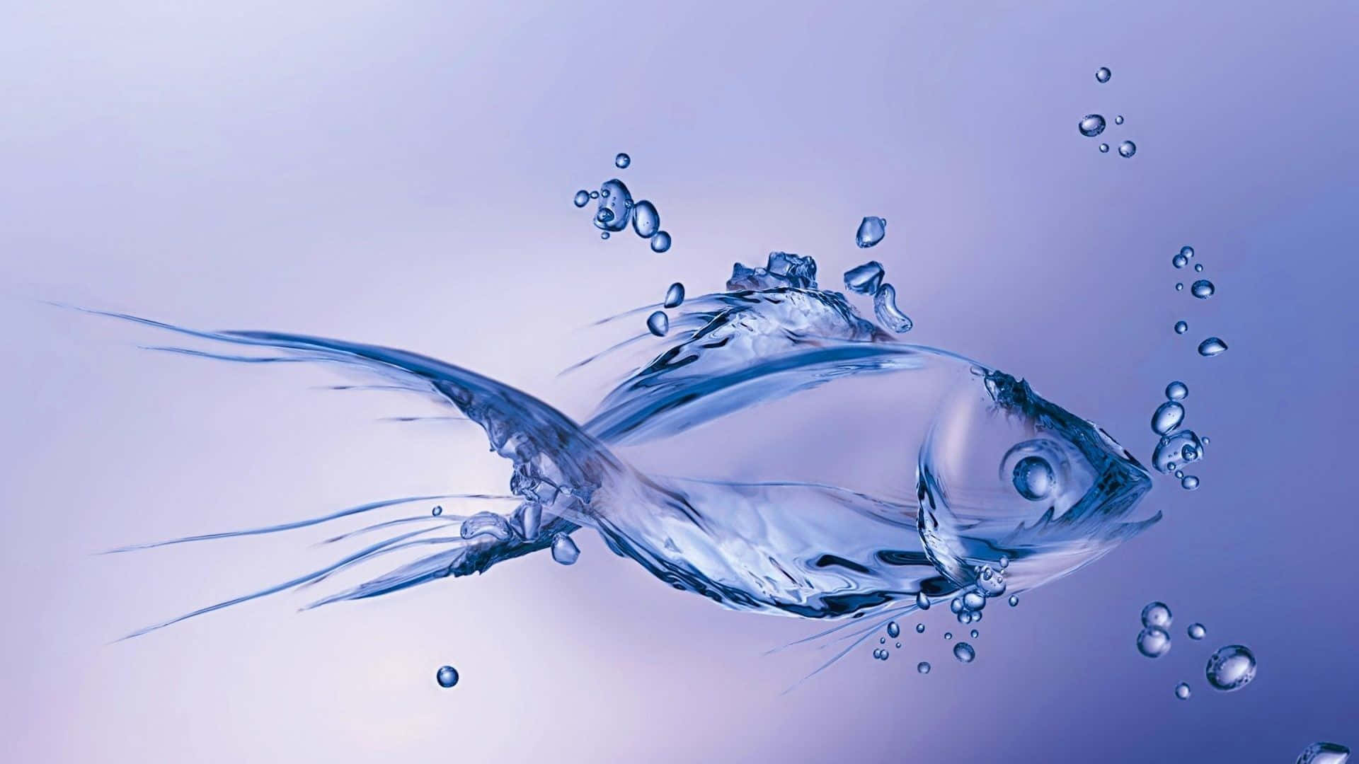 3d Water 桌布 壁紙 — 一條由流動的水和氣泡雕刻而成的半透明魚，在柔和的薰衣草漸變背景中滑行。