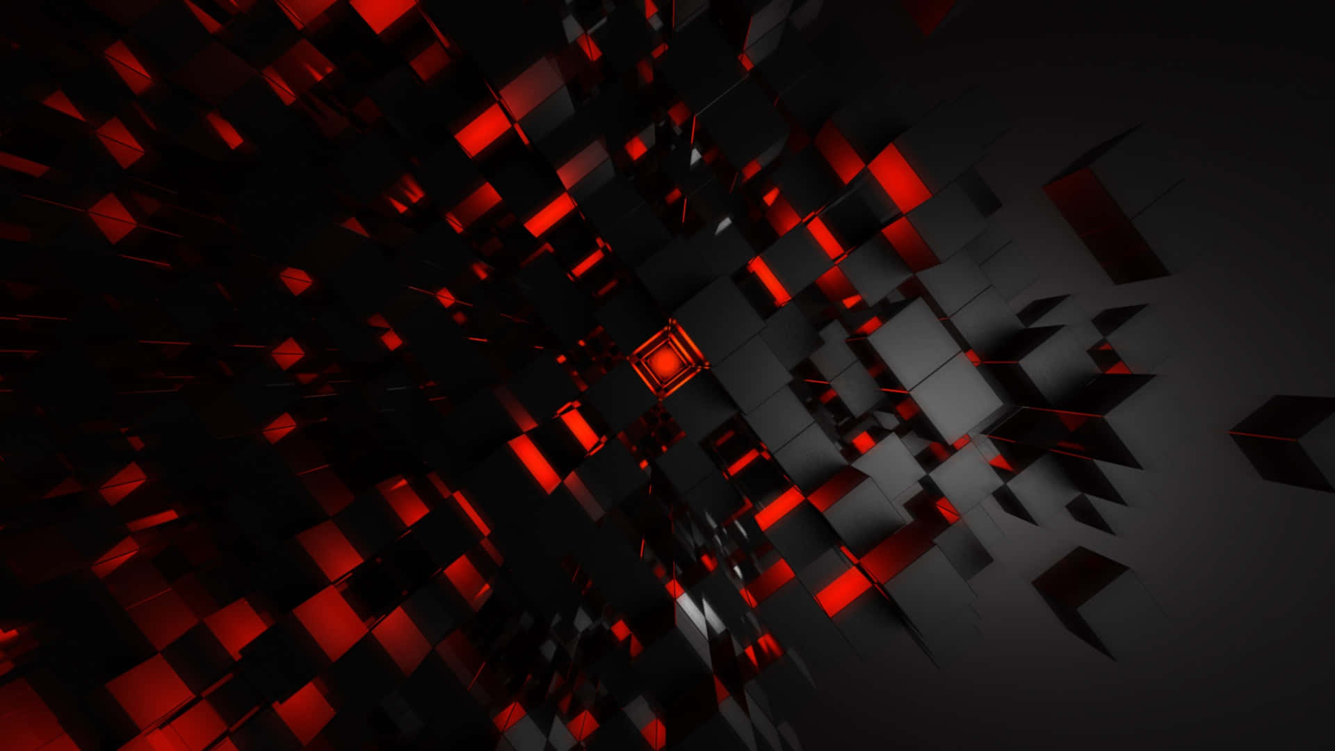 Cool Abstract 桌布 壁紙 — 一條由發光紅色立方體組成的隧道消失在黑暗中，形成未來主義的數位漩渦。