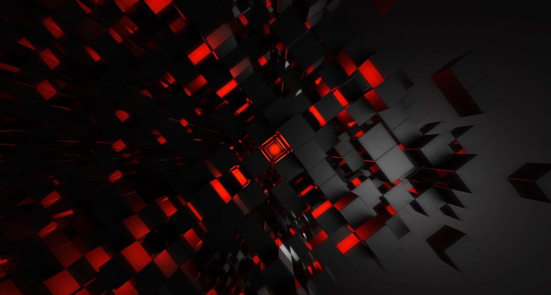 1920X1080 桌布 壁紙 — 一條由發光紅色立方體組成的隧道退入黑暗，營造出未來數位漩渦。